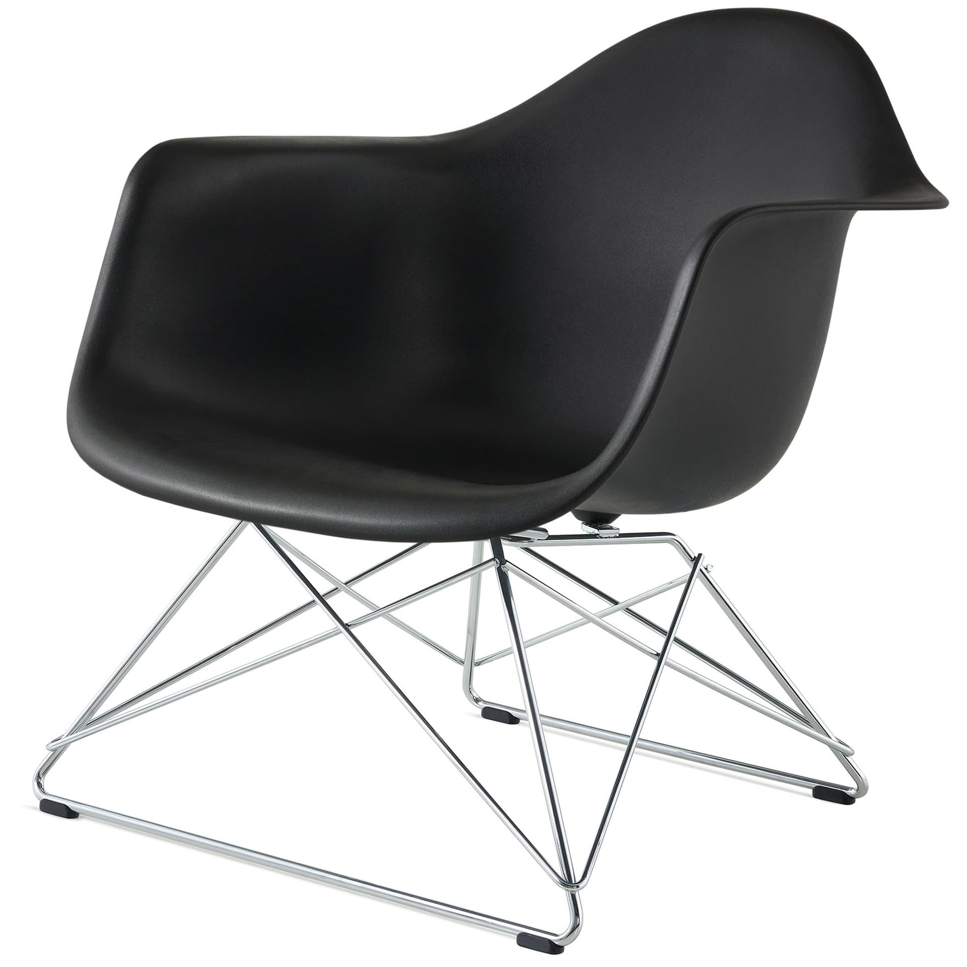 eames molded plastic armchair with low wire base / chrome base / black shell / black standard glides