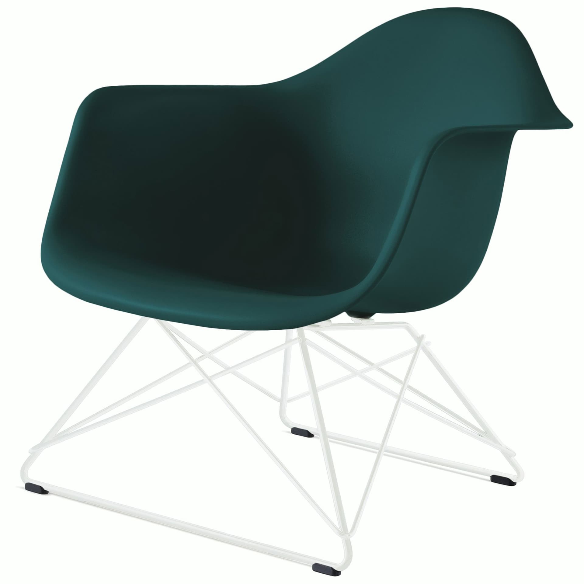 eames molded plastic armchair with low wire base / white base / evergreen shell / white standard glides