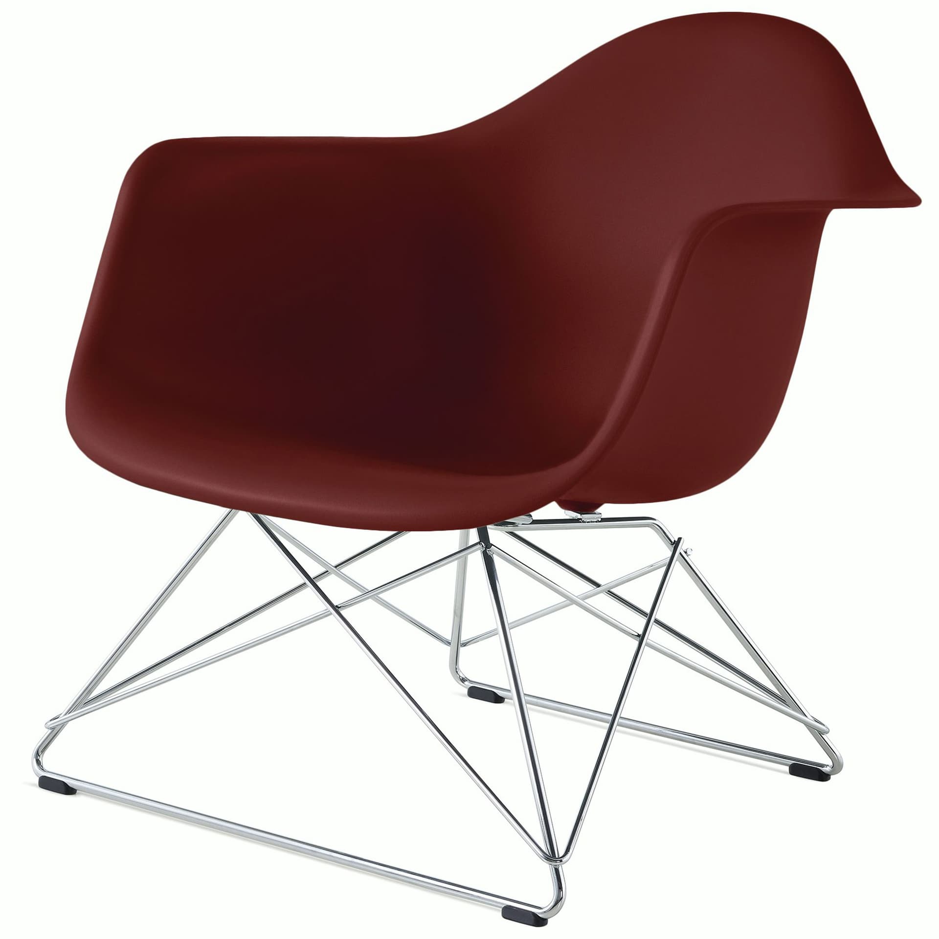 eames molded plastic armchair with low wire base / chrome base / brick red shell / black standard glides