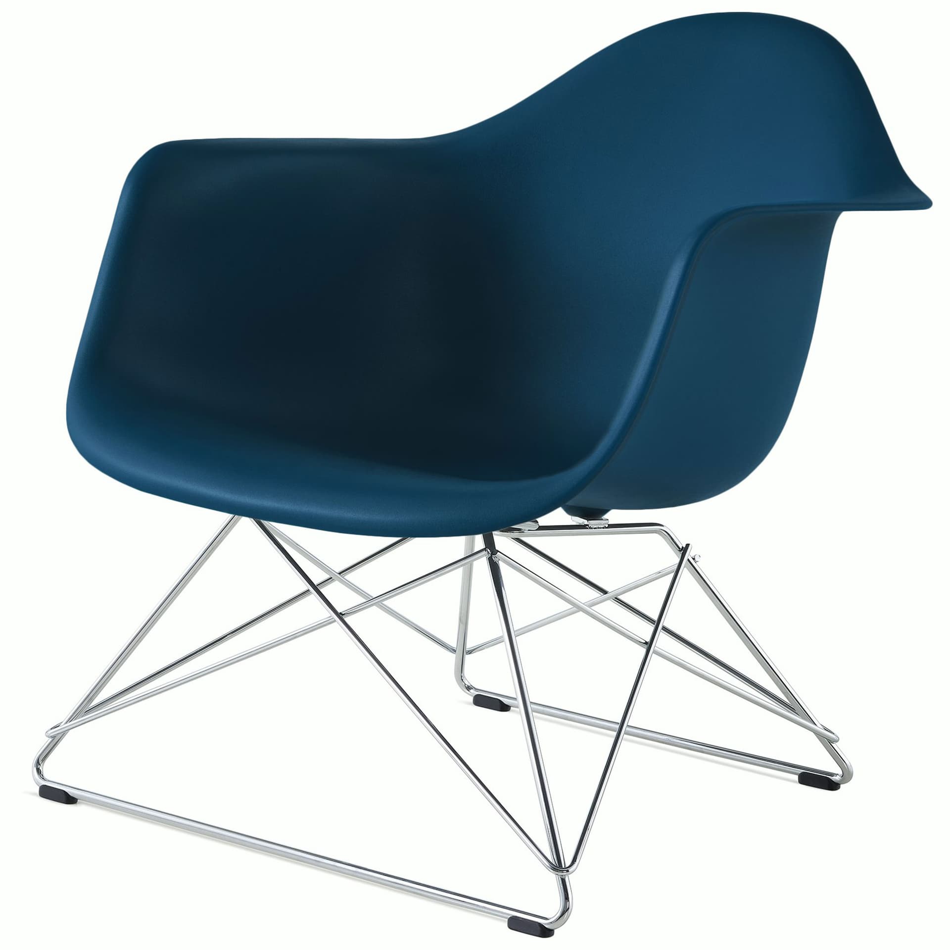 eames molded plastic armchair with low wire base / chrome base / blue green shell / black standard glides