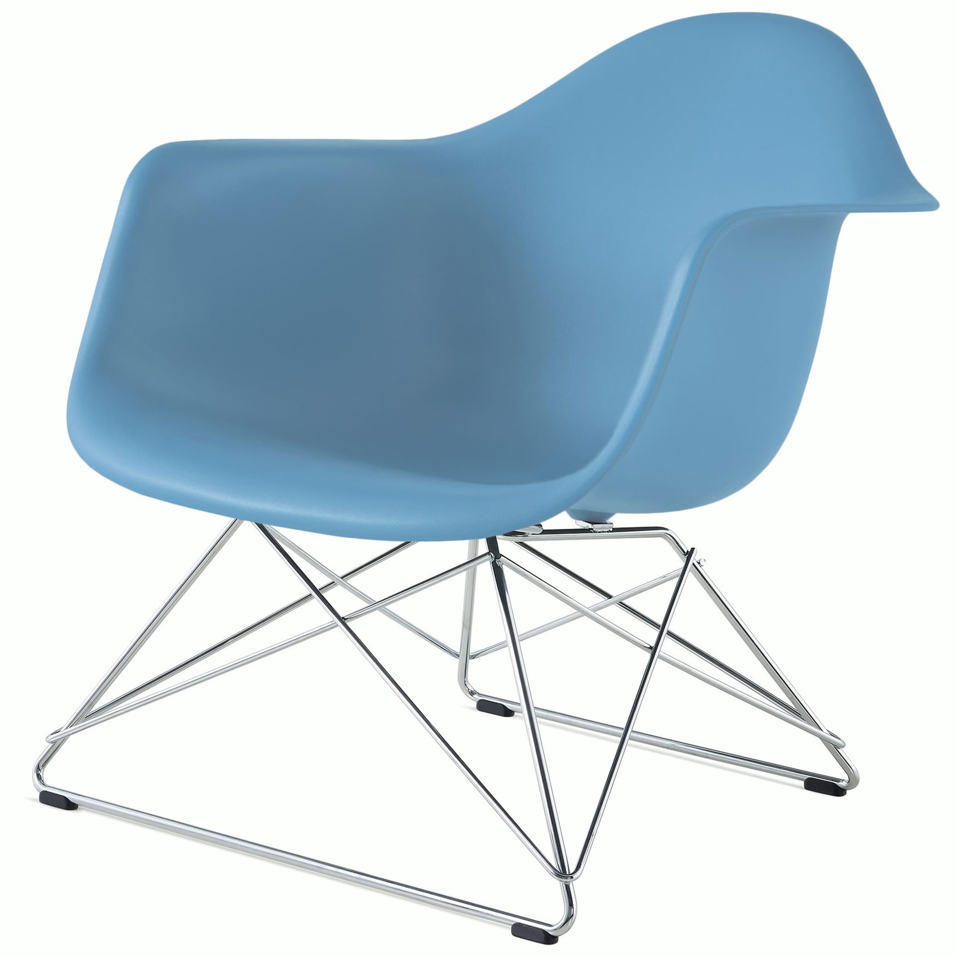 eames molded plastic armchair with low wire base / chrome base / pale blue shell / black standard glides