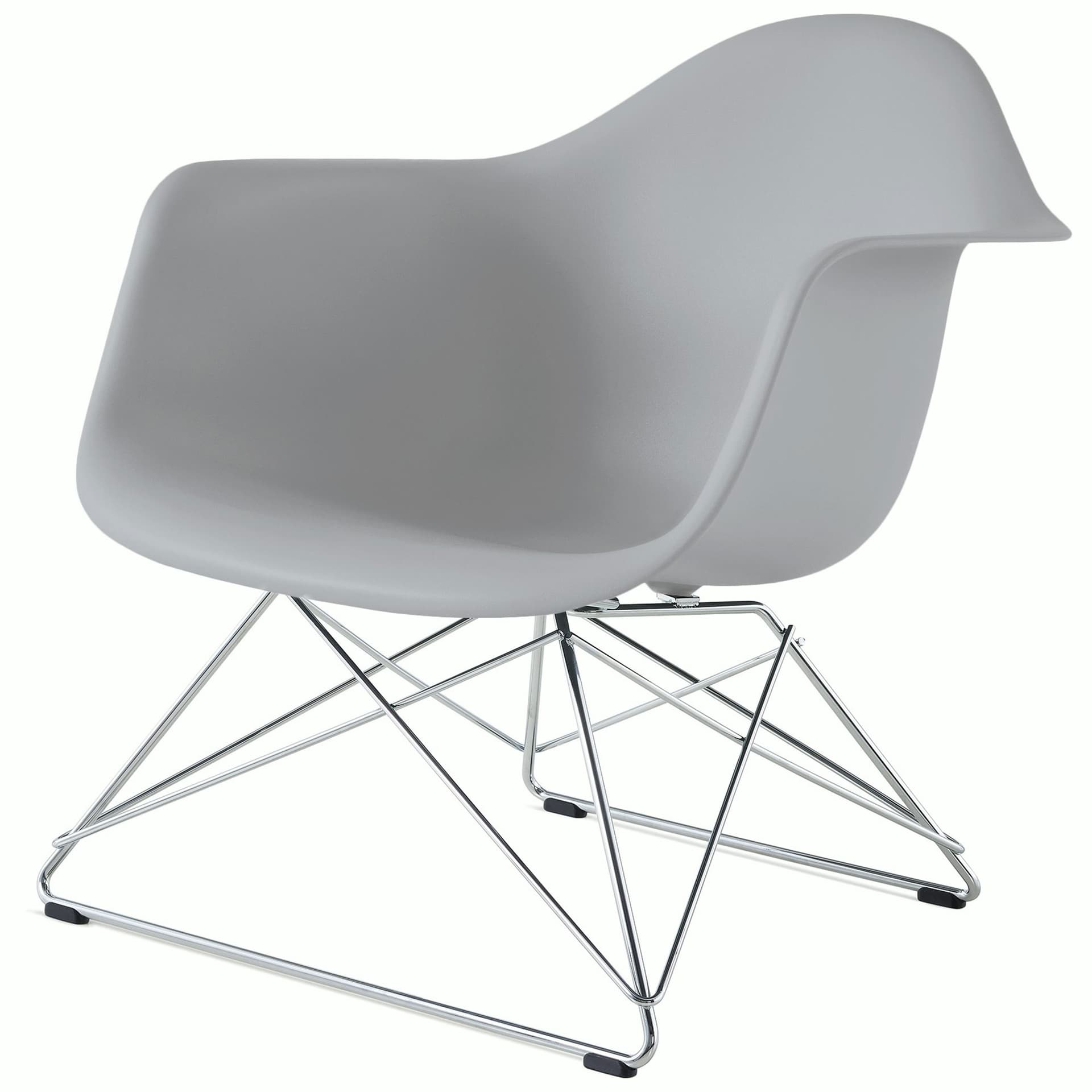 eames molded plastic armchair with low wire base / chrome base / light grey shell / black standard glides