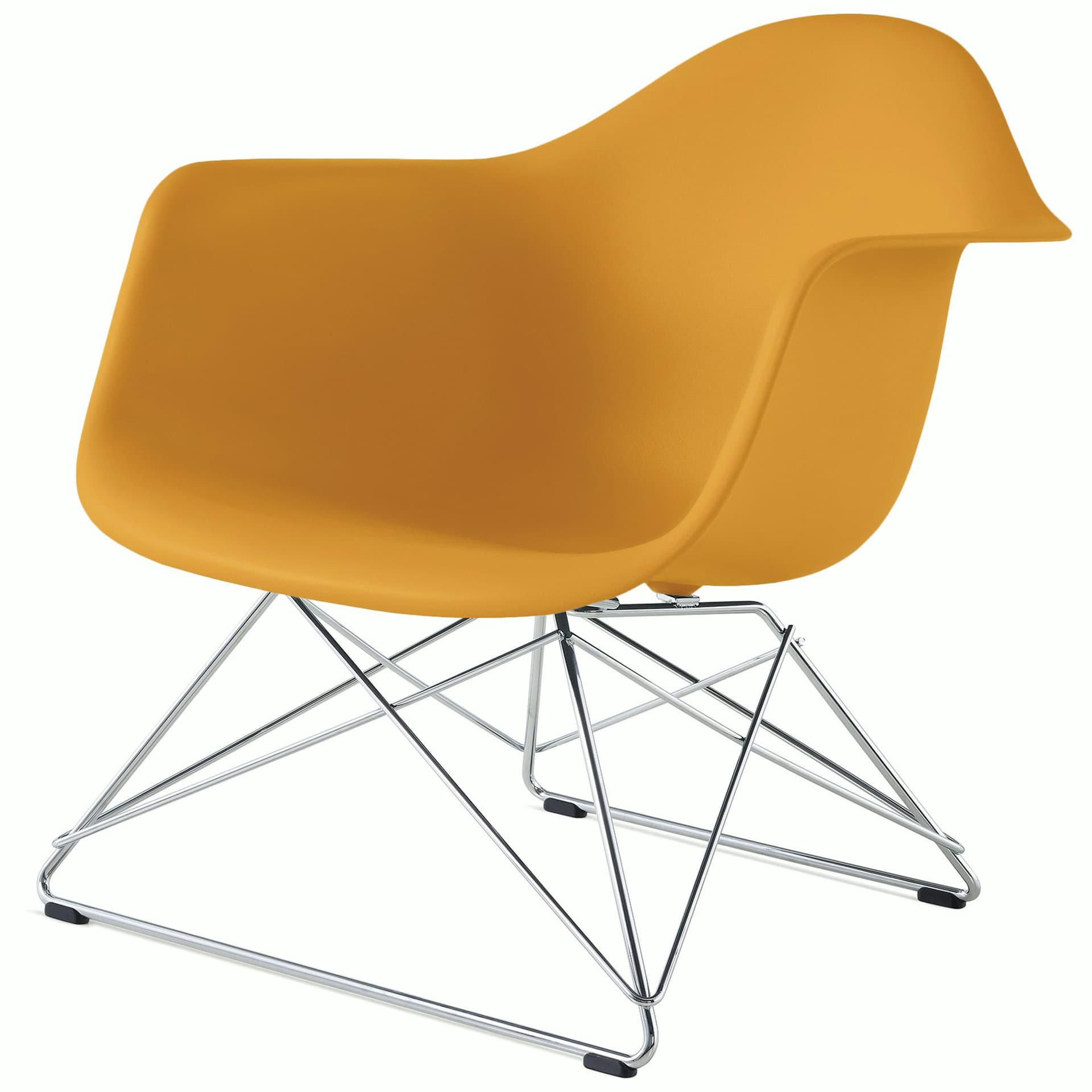 eames molded plastic armchair with low wire base / chrome base / deep yellow shell / black standard glides