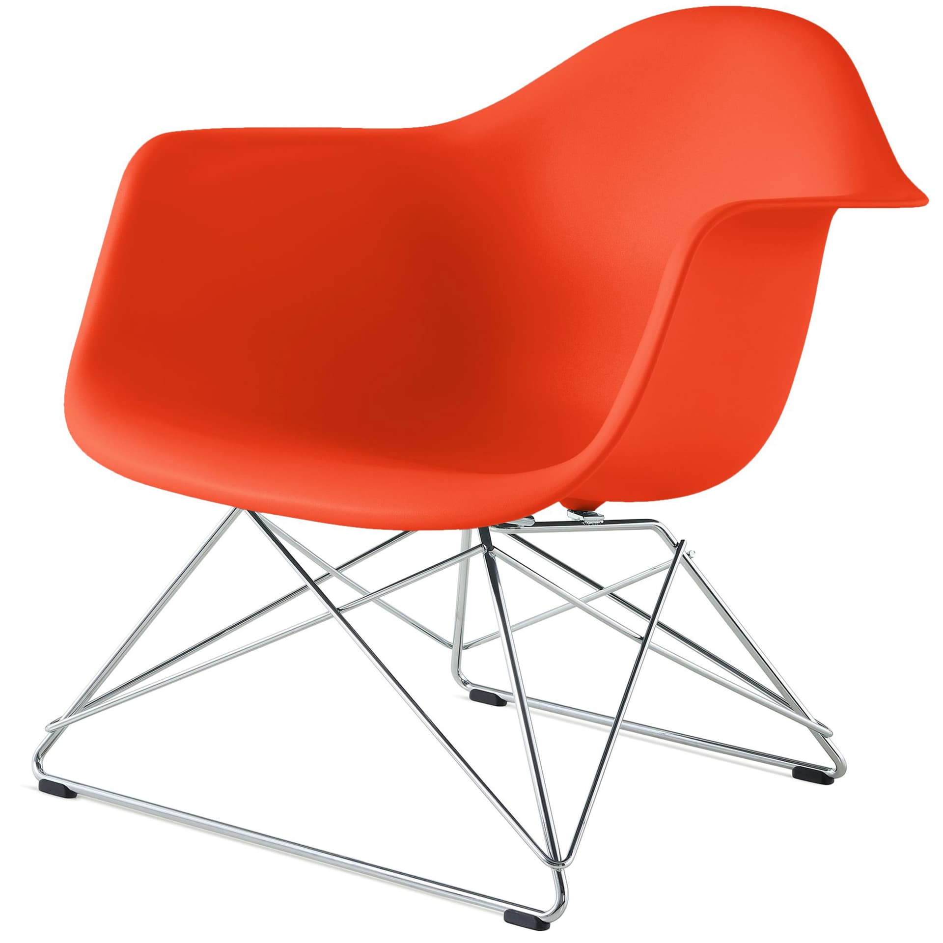 eames molded plastic armchair with low wire base / chrome base / red orange shell / black standard glides