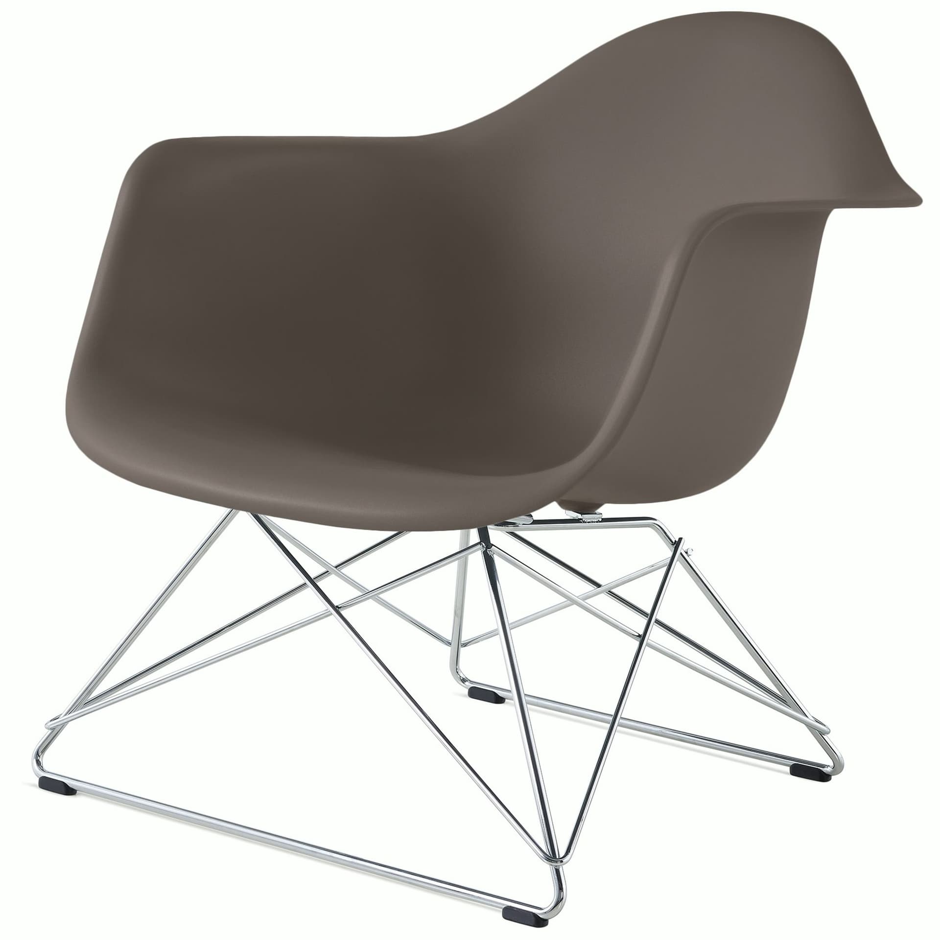 eames molded plastic armchair with low wire base / chrome base / cocoa shell / black standard glides