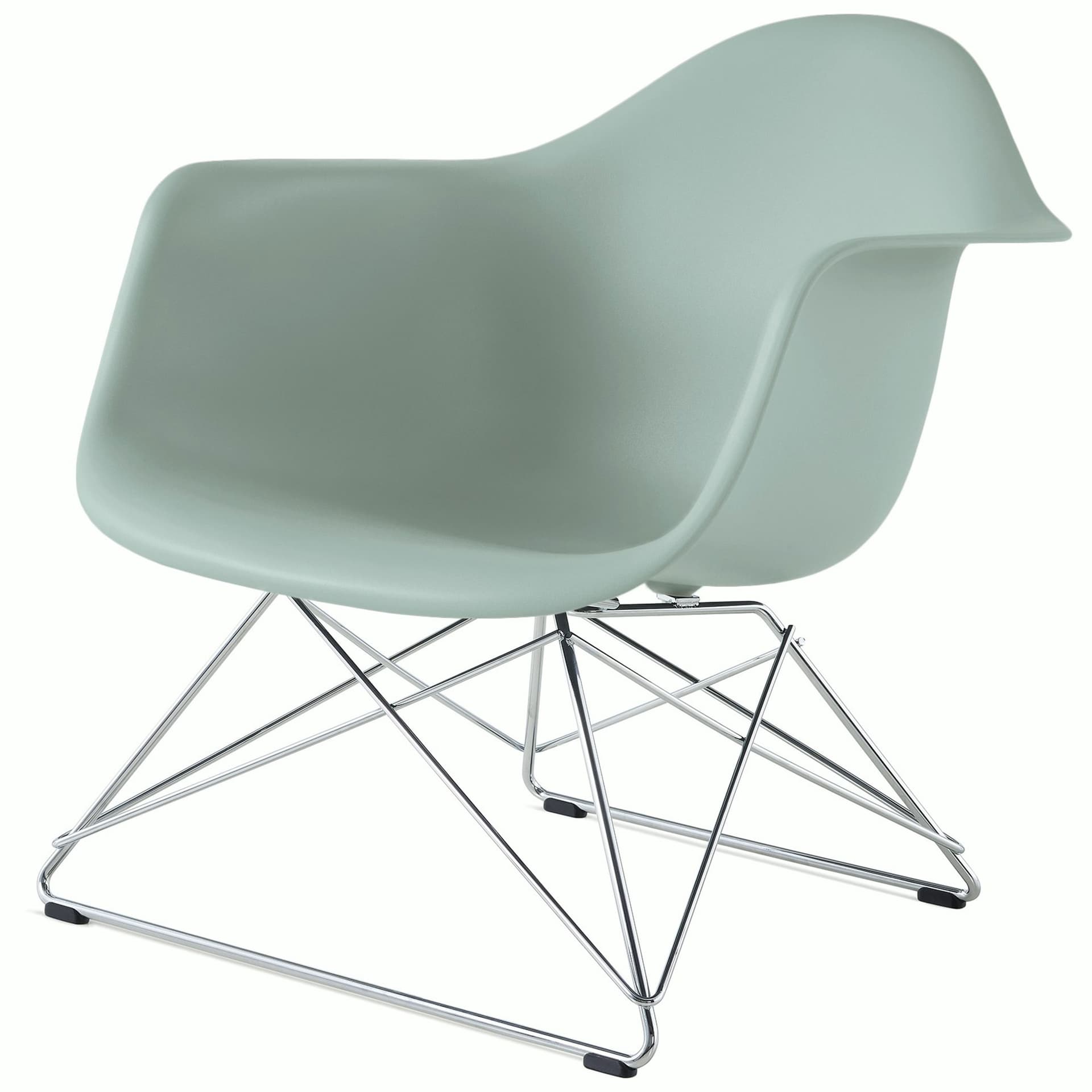 eames molded plastic armchair with low wire base / chrome base / grey green shell / black standard glides
