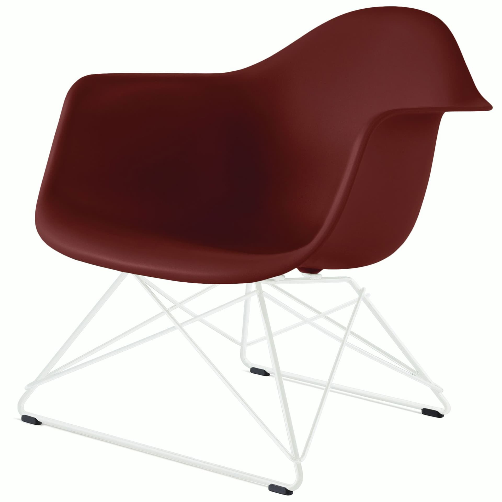 eames molded plastic armchair with low wire base / white base / brick red shell / white standard glides