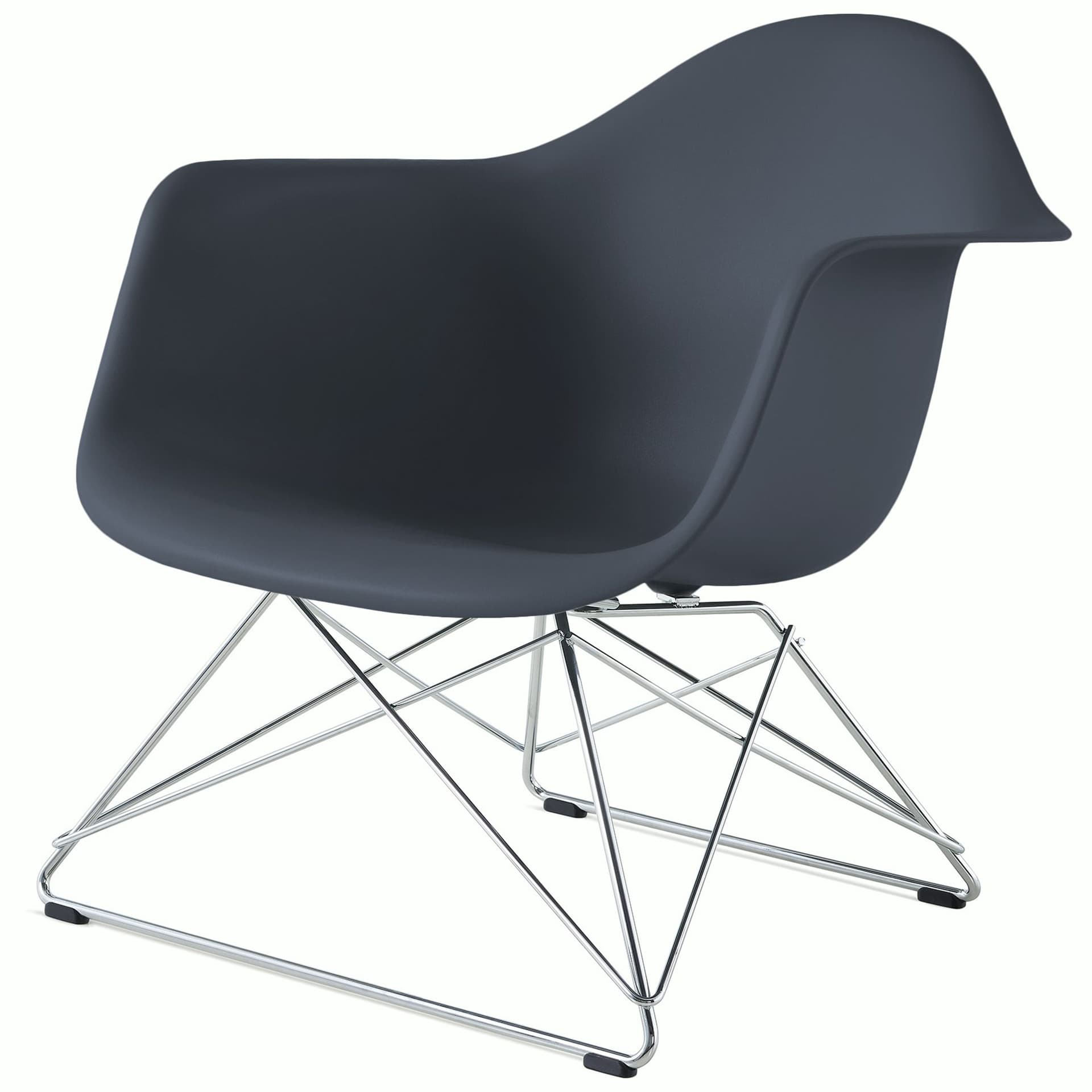 eames molded plastic armchair with low wire base / chrome base / medium grey shell / black standard glides