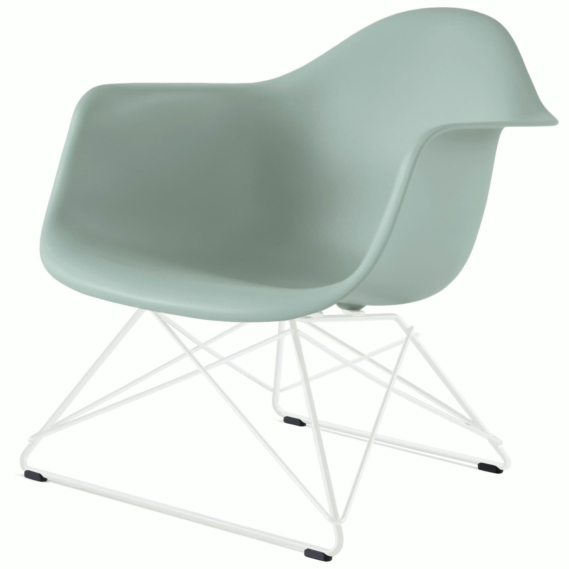 eames molded plastic armchair with low wire base / white base / grey green shell / white standard glides