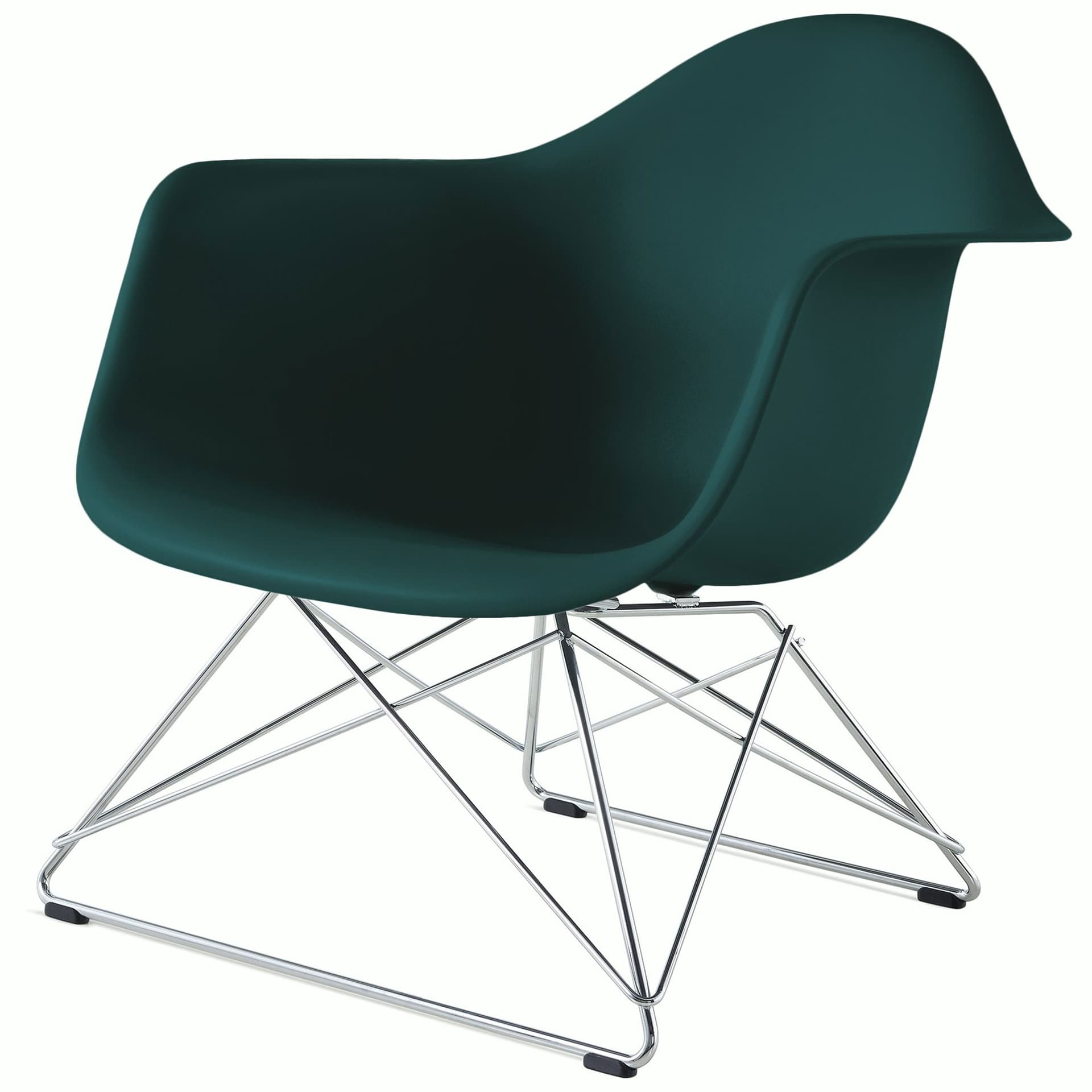 eames molded plastic armchair with low wire base / chrome base / evergreen shell / black standard glides