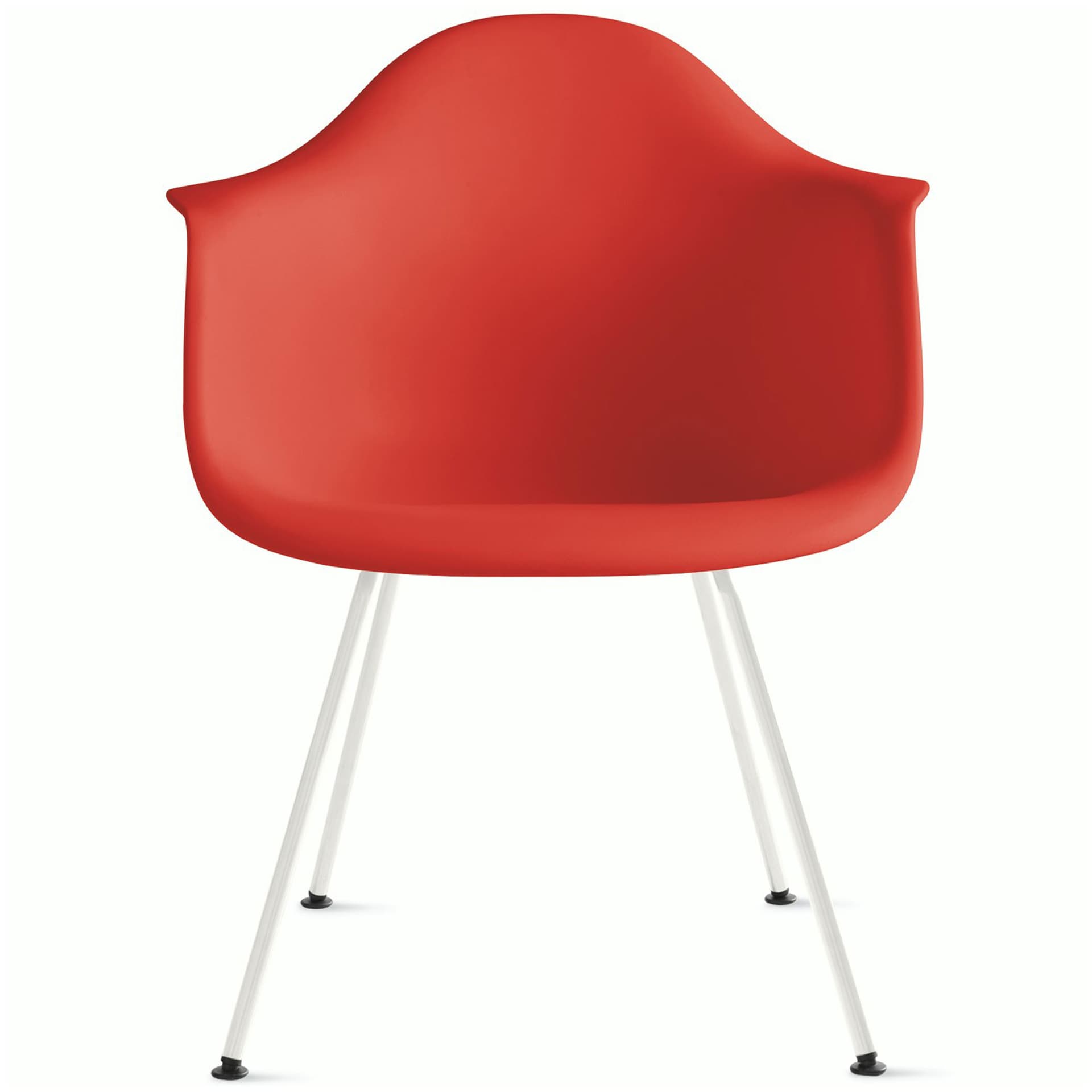 eames molded plastic armchair with 4 leg base / white base / red orange shell / standard glides