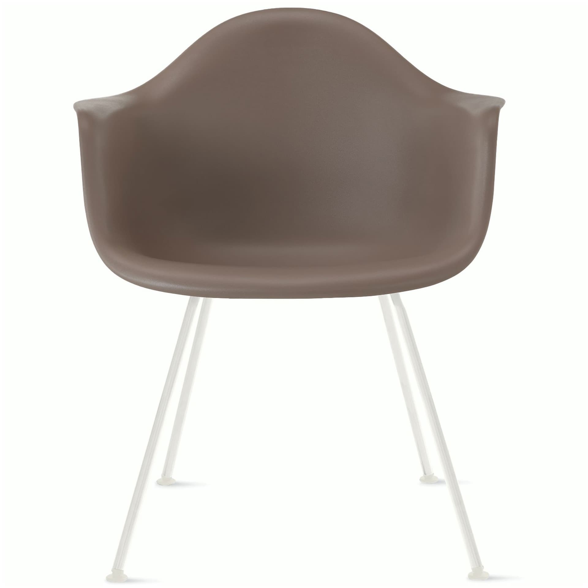 eames molded plastic armchair with 4 leg base / white base / cocoa shell / standard glides