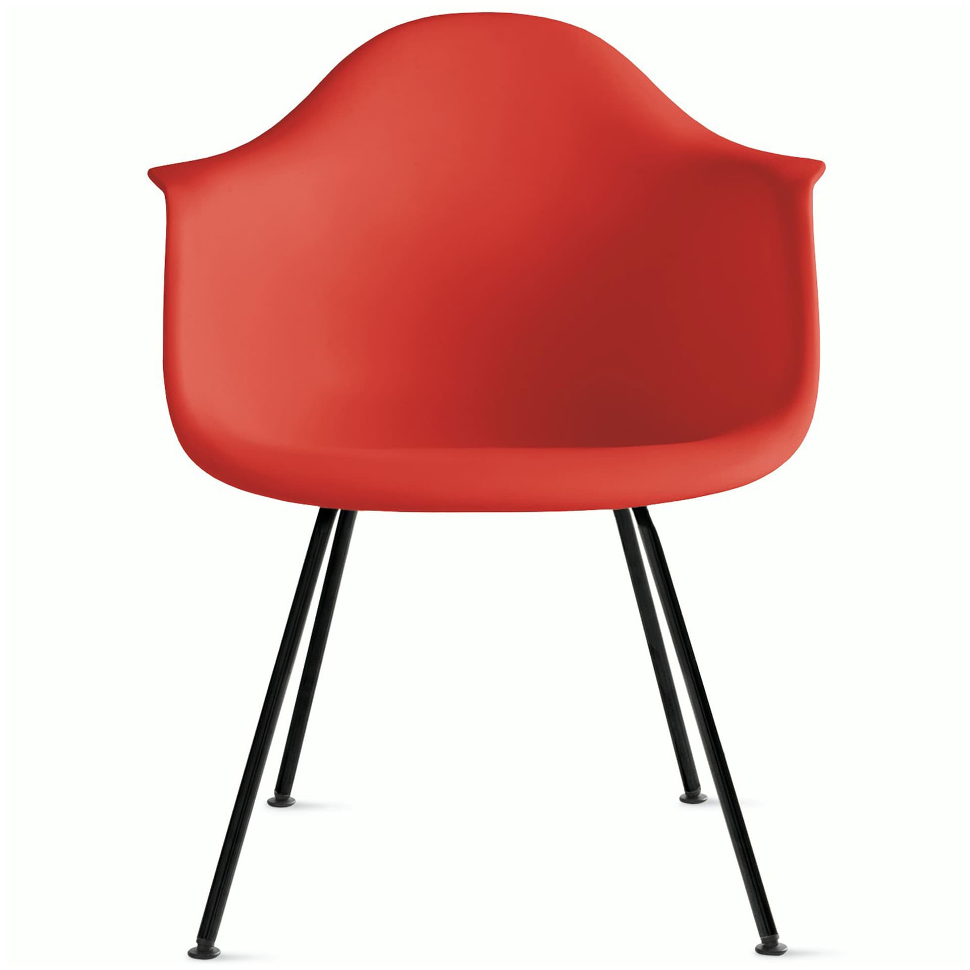 eames molded plastic armchair with 4 leg base / black base / red orange shell / standard glides