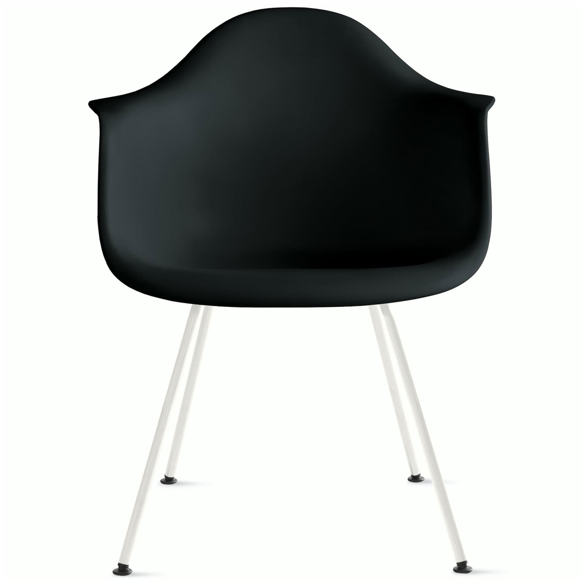 eames molded plastic armchair with 4 leg base / white base / black shell / felt glides
