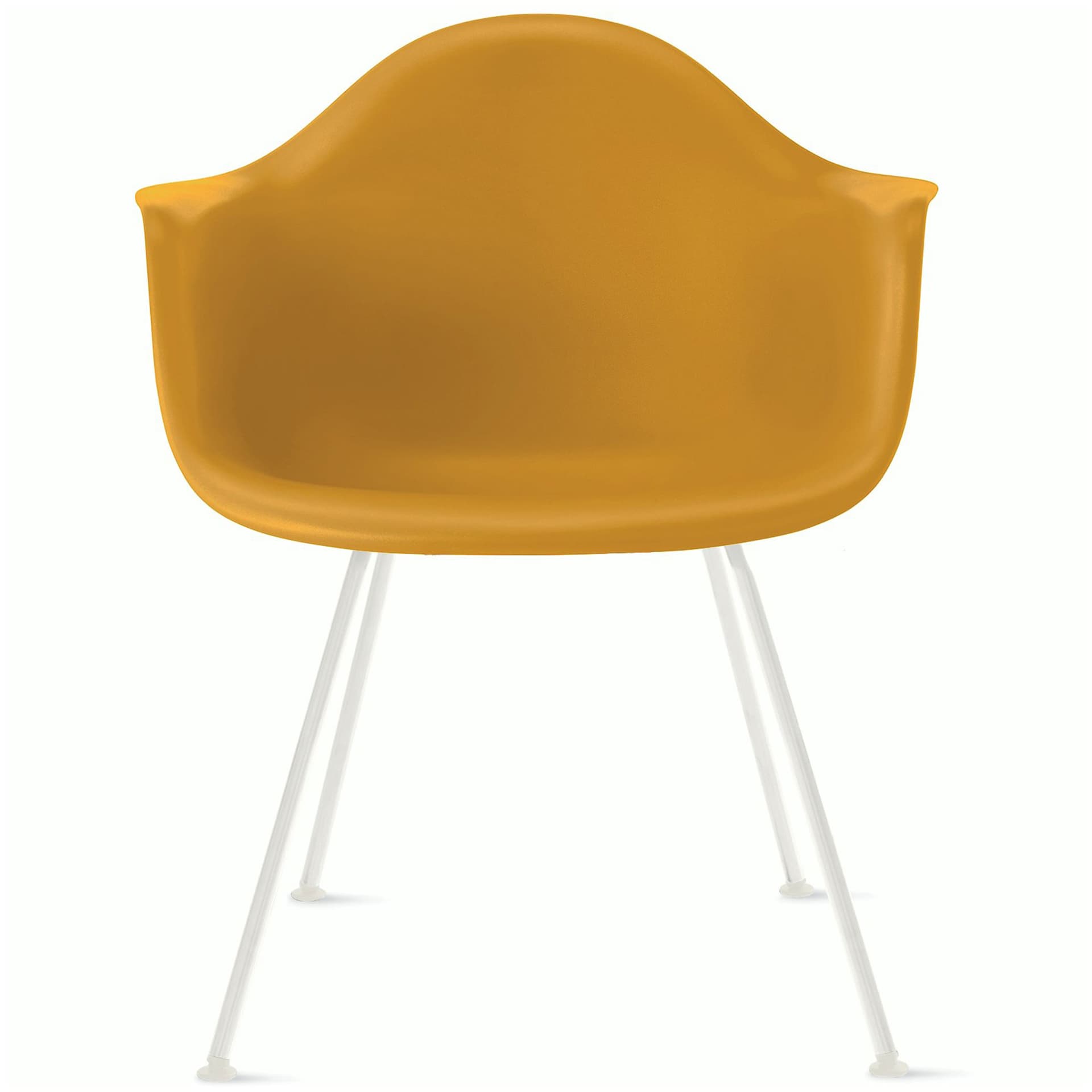 eames molded plastic armchair with 4 leg base / white base / deep yellow shell / felt glides