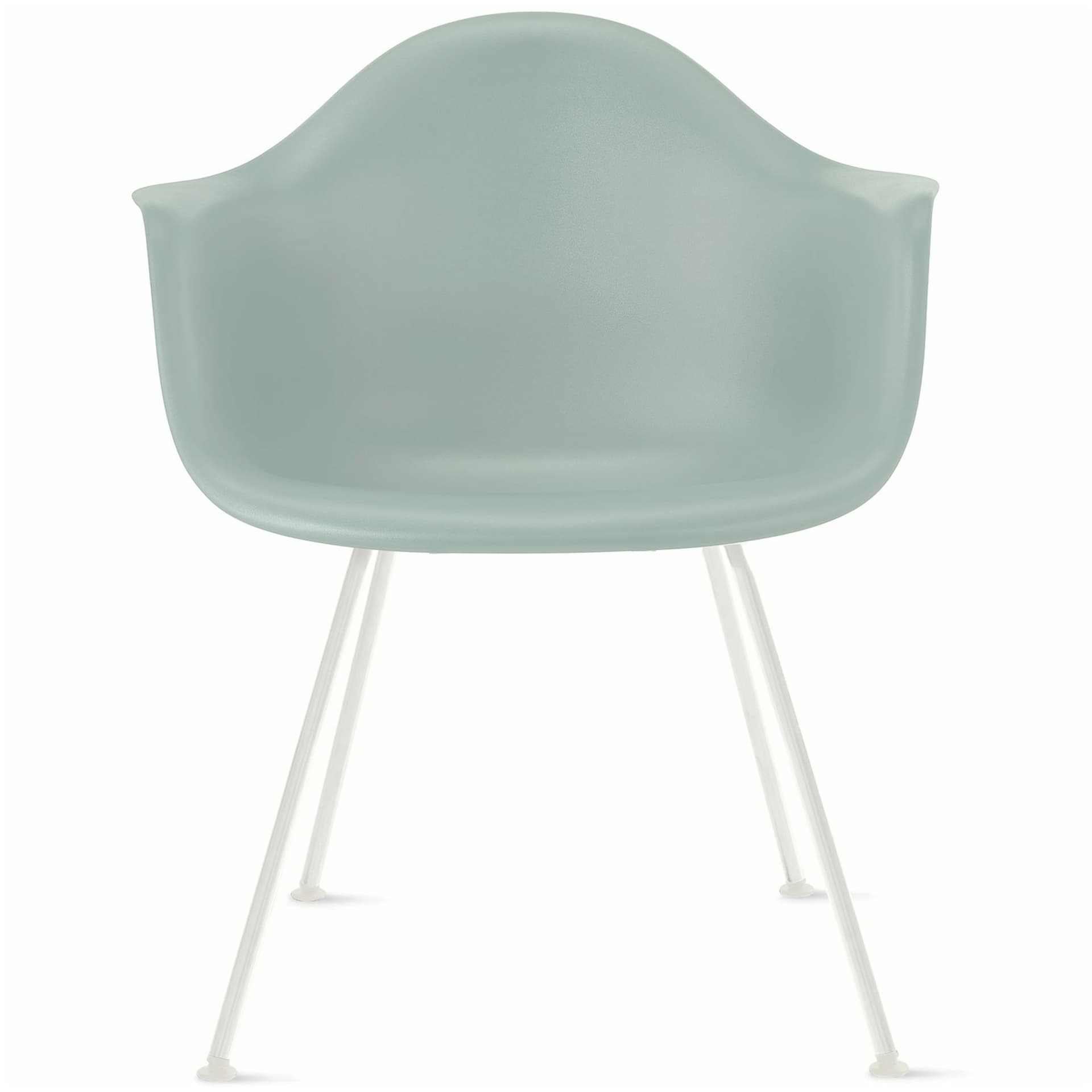 eames molded plastic armchair with 4 leg base / white base / grey green shell / felt glides