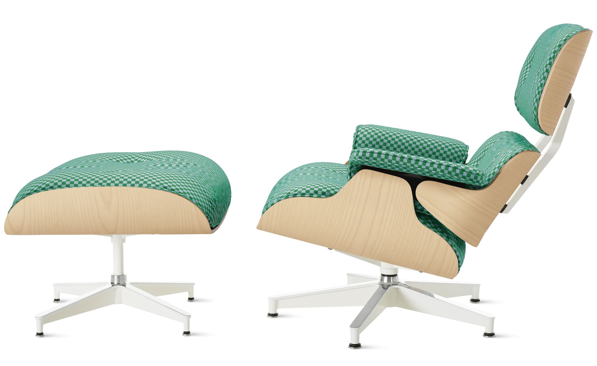 white ash eames lounge chair & ottoman / standard classic height / checker upholstery blue gray/emerald