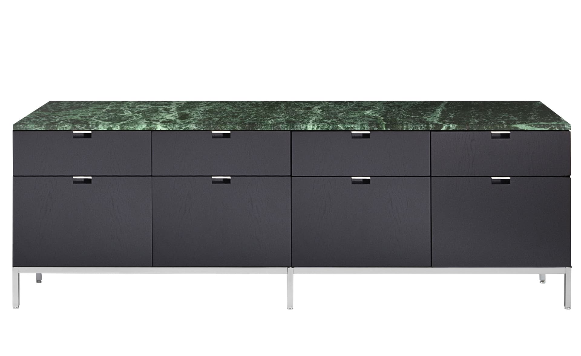 2549M / all drawers / satin chrome base / ebonized oak body / polished coated verde alpi marble top / no central locking system