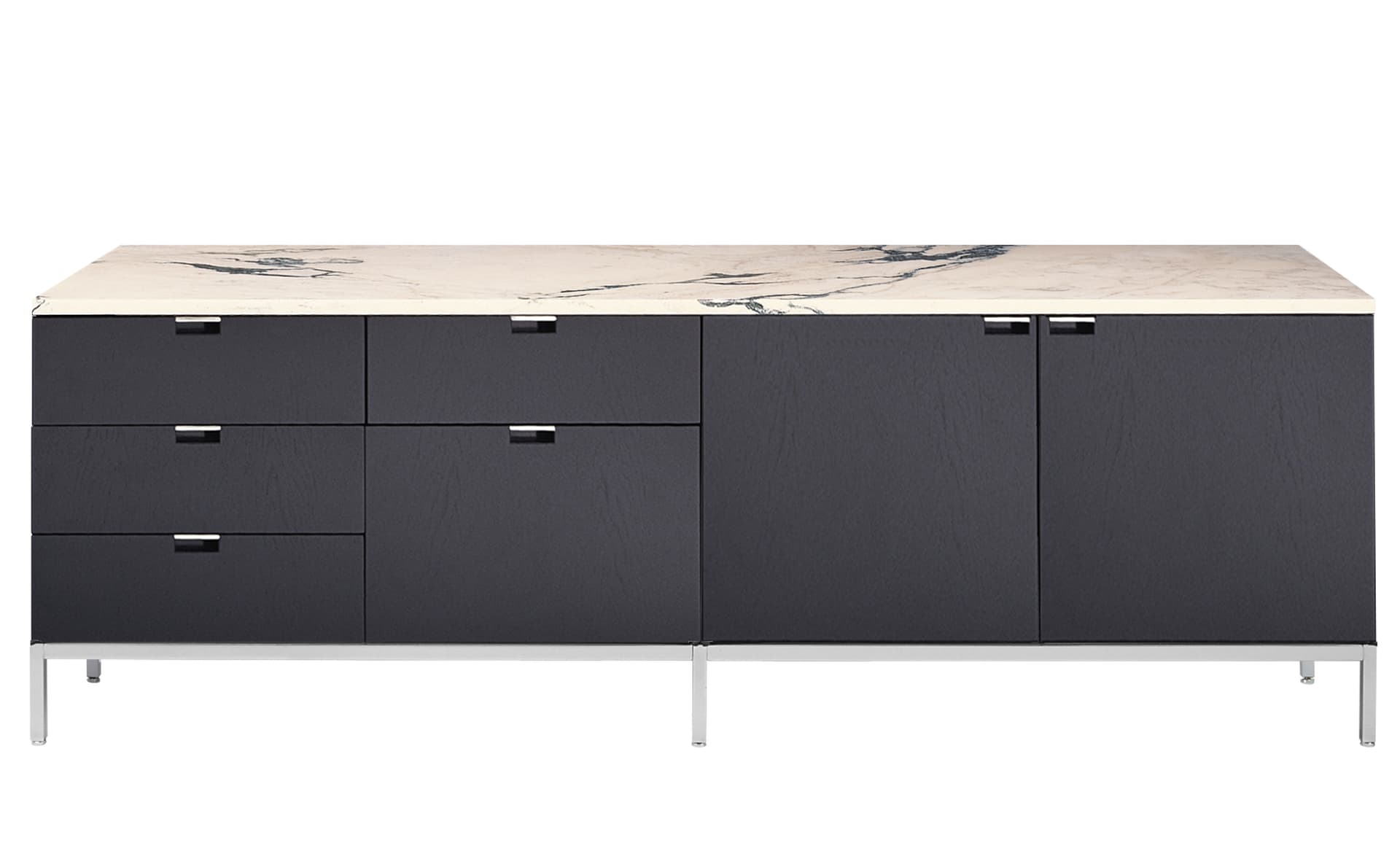 2547M / two right cabinets / satin chrome base / ebonized oak body / polished coated arabescato marble top / no central locking system