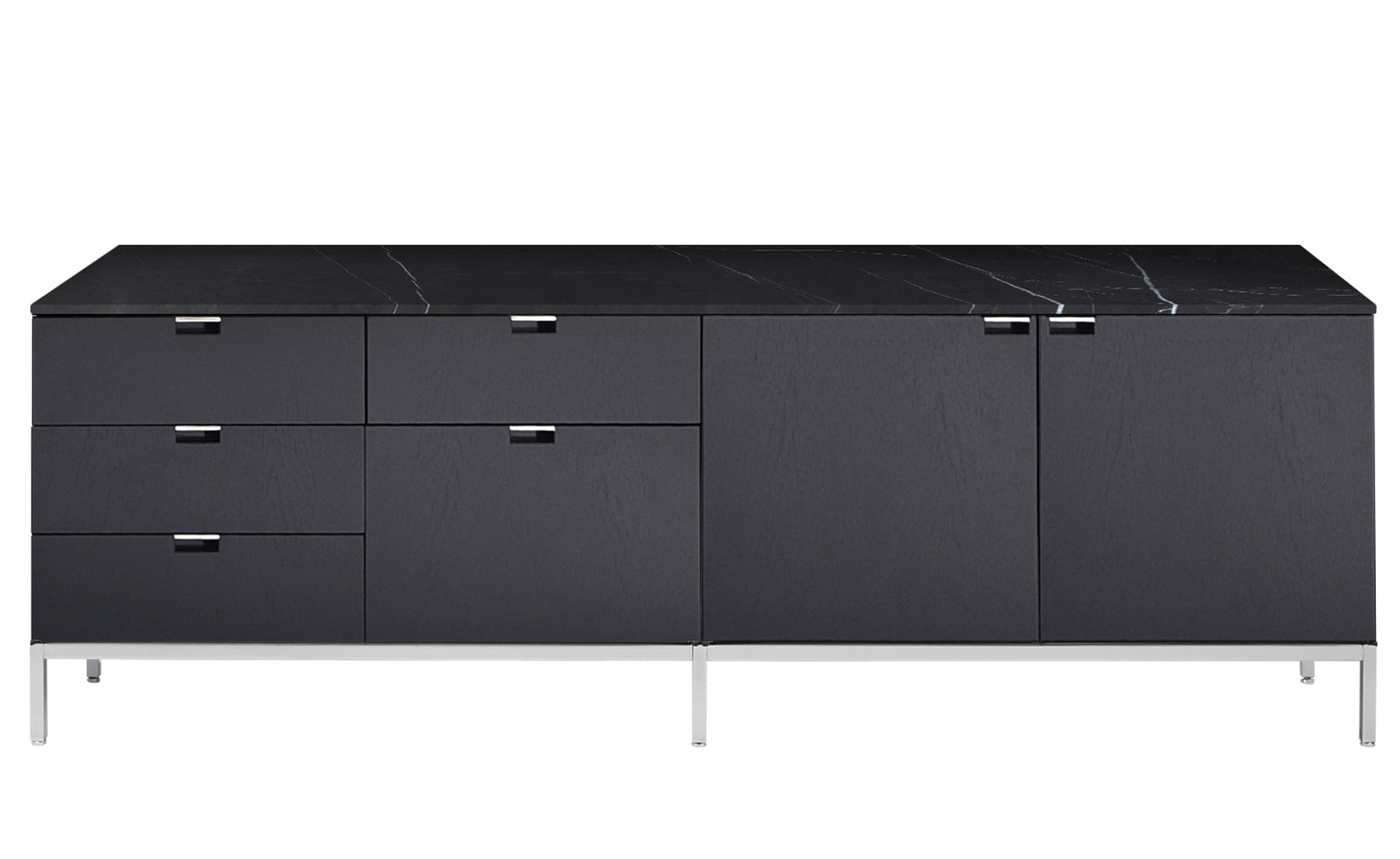 2547M / two right cabinets / satin chrome base / ebonized oak body / polished coated nero marquina marble top / no central locking system