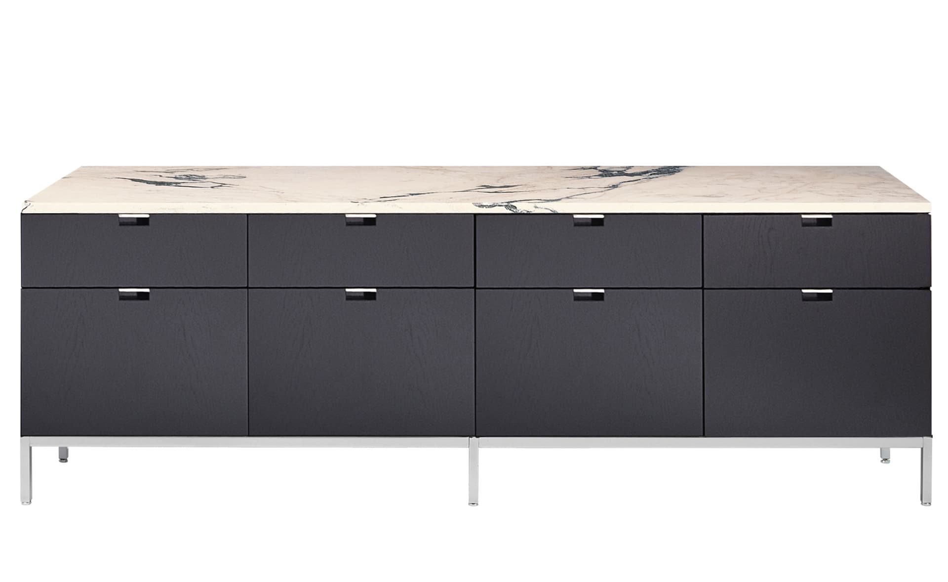 2549M / all drawers / polished chrome base / ebonized oak body / satin coated arabescato marble top / no central locking system