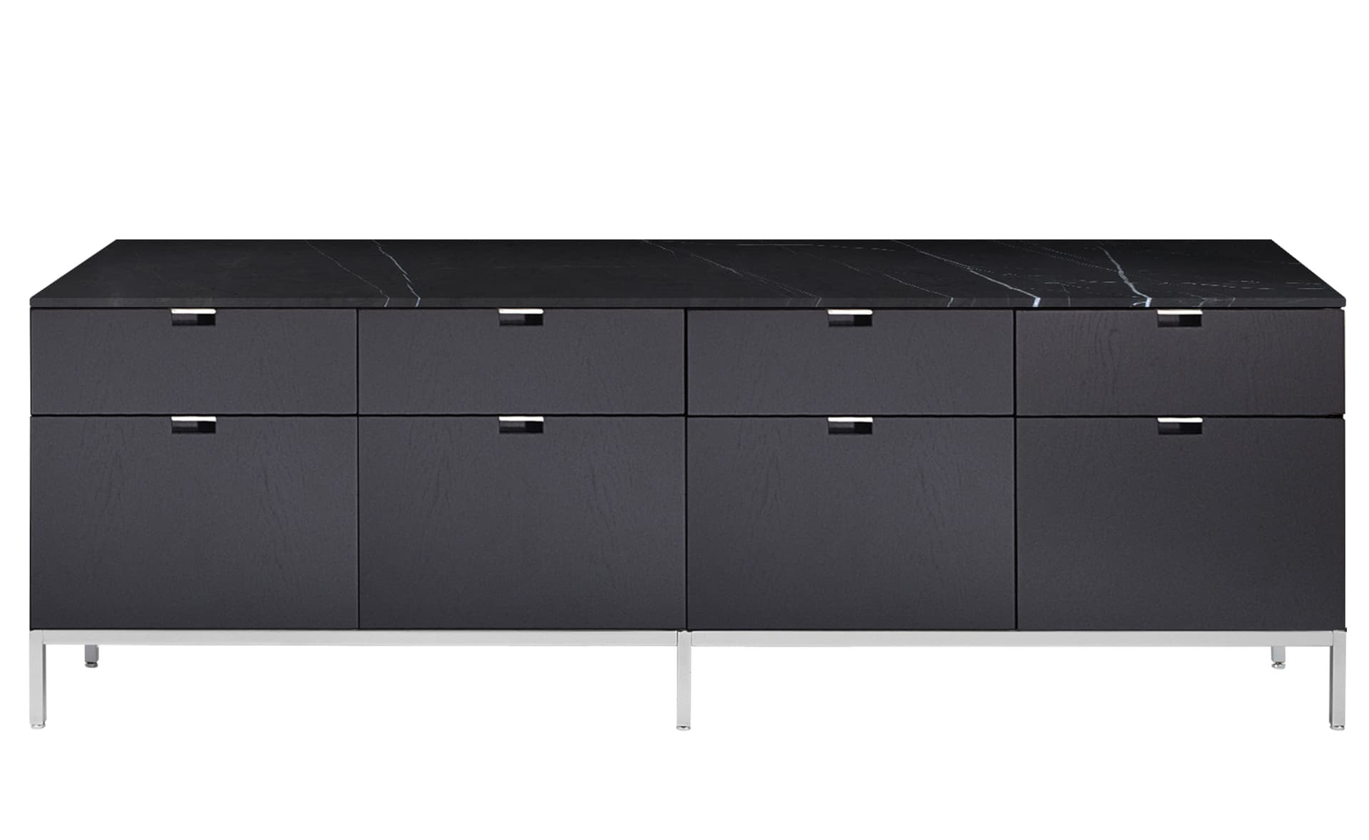 2549M / all drawers / polished chrome base / ebonized oak body / satin coated nero marquina marble top / no central locking system