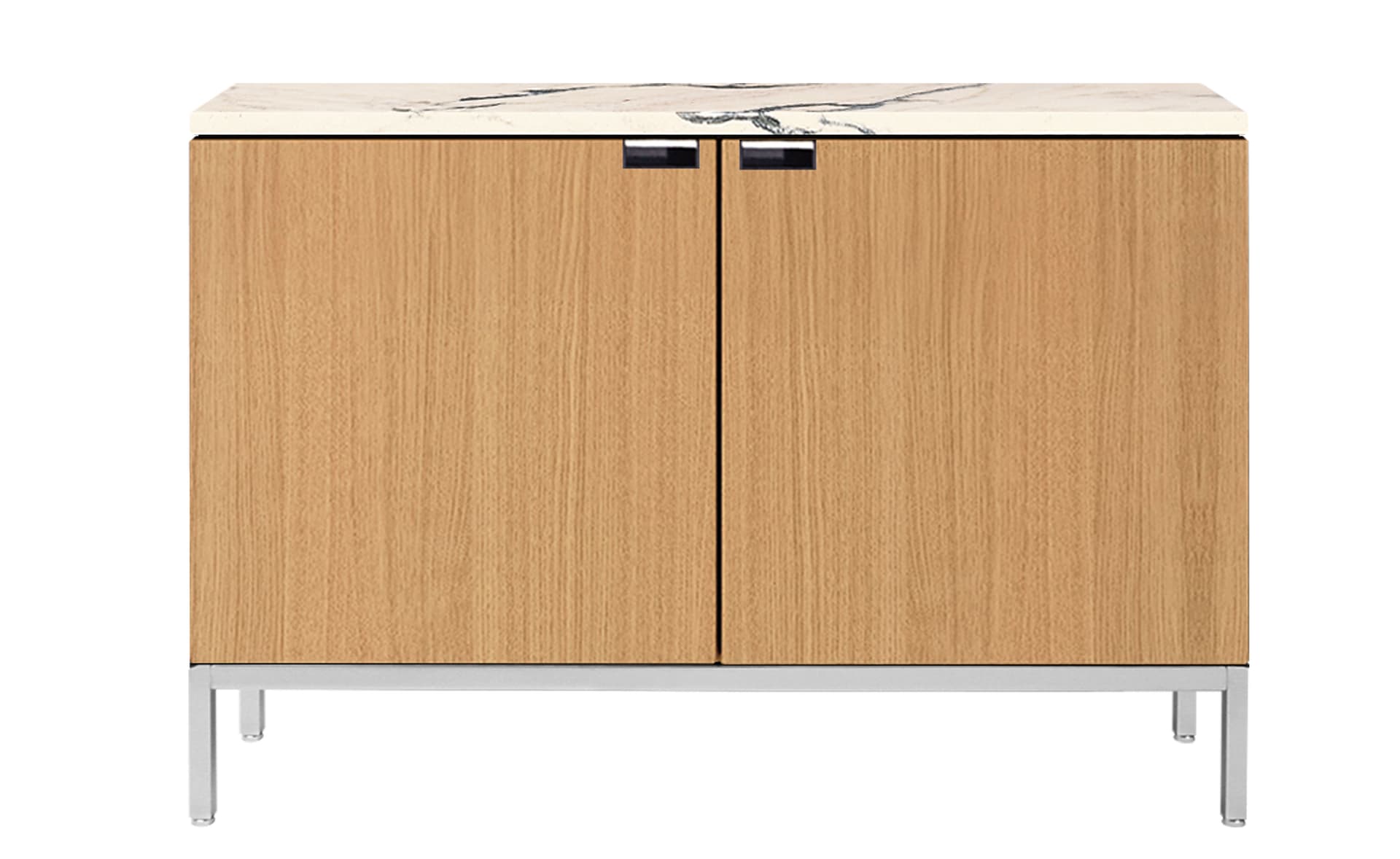 2545M / two cabinets / polished chrome base / natural oak body / polished coated arabescato marble top / no central locking system