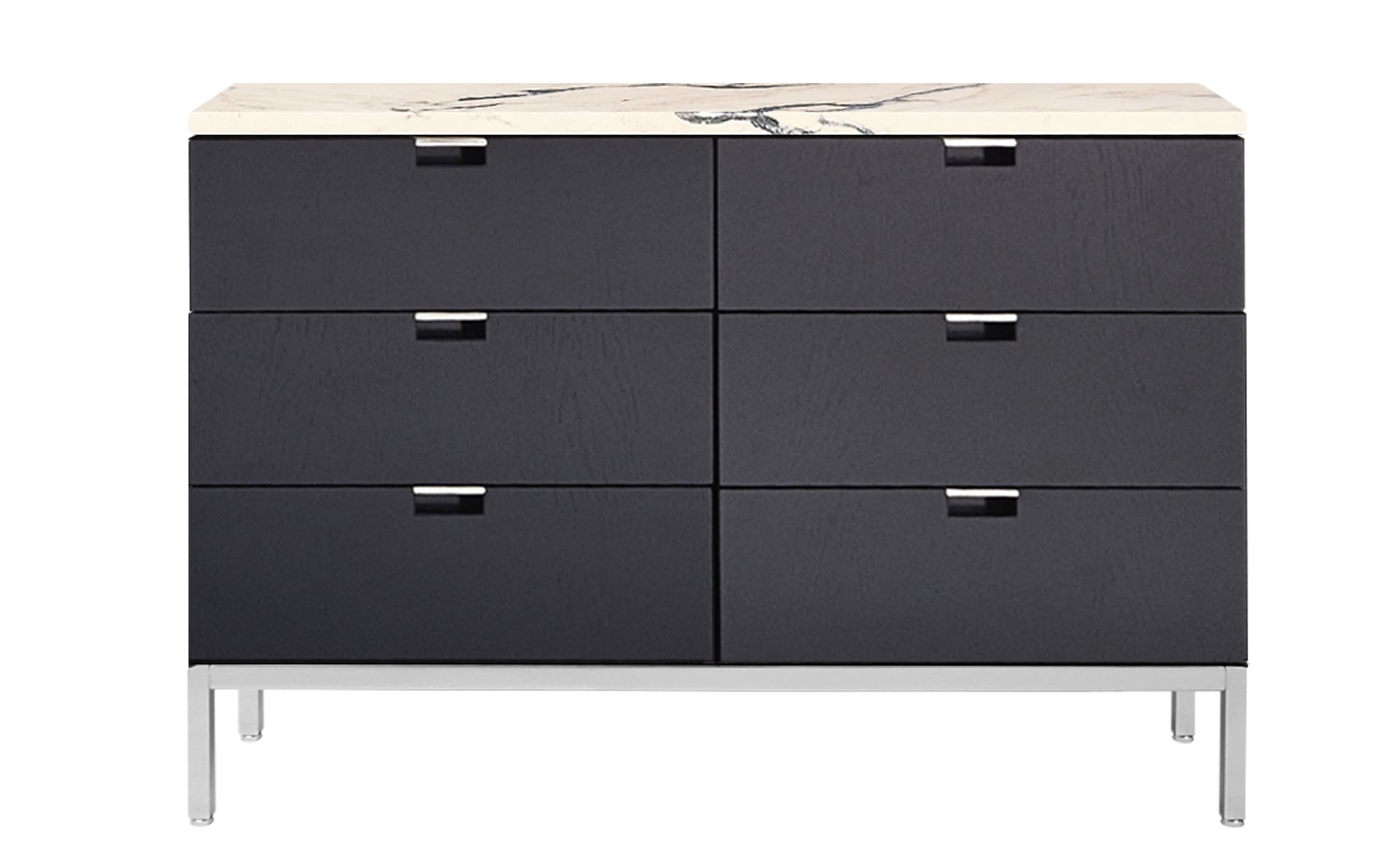 2541M / six drawers / polished chrome base / ebonized oak body / satin coated arabescato marble top / no central locking system