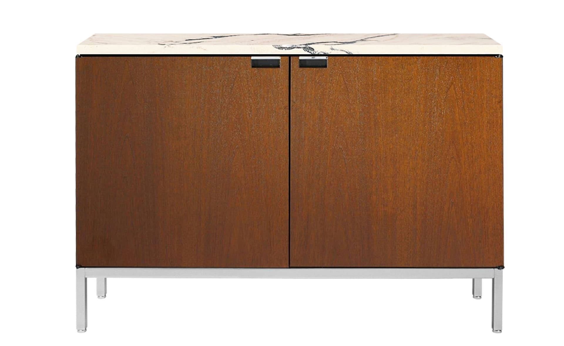 2545M / two cabinets / satin chrome base / medium brown mahogany body / satin coated arabescato marble top / no central locking system