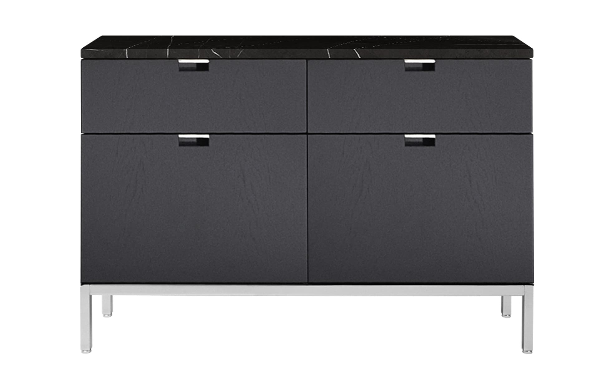 2541M / four drawers / satin chrome base / ebonized oak body / polished coated nero marquina marble top / no central locking system