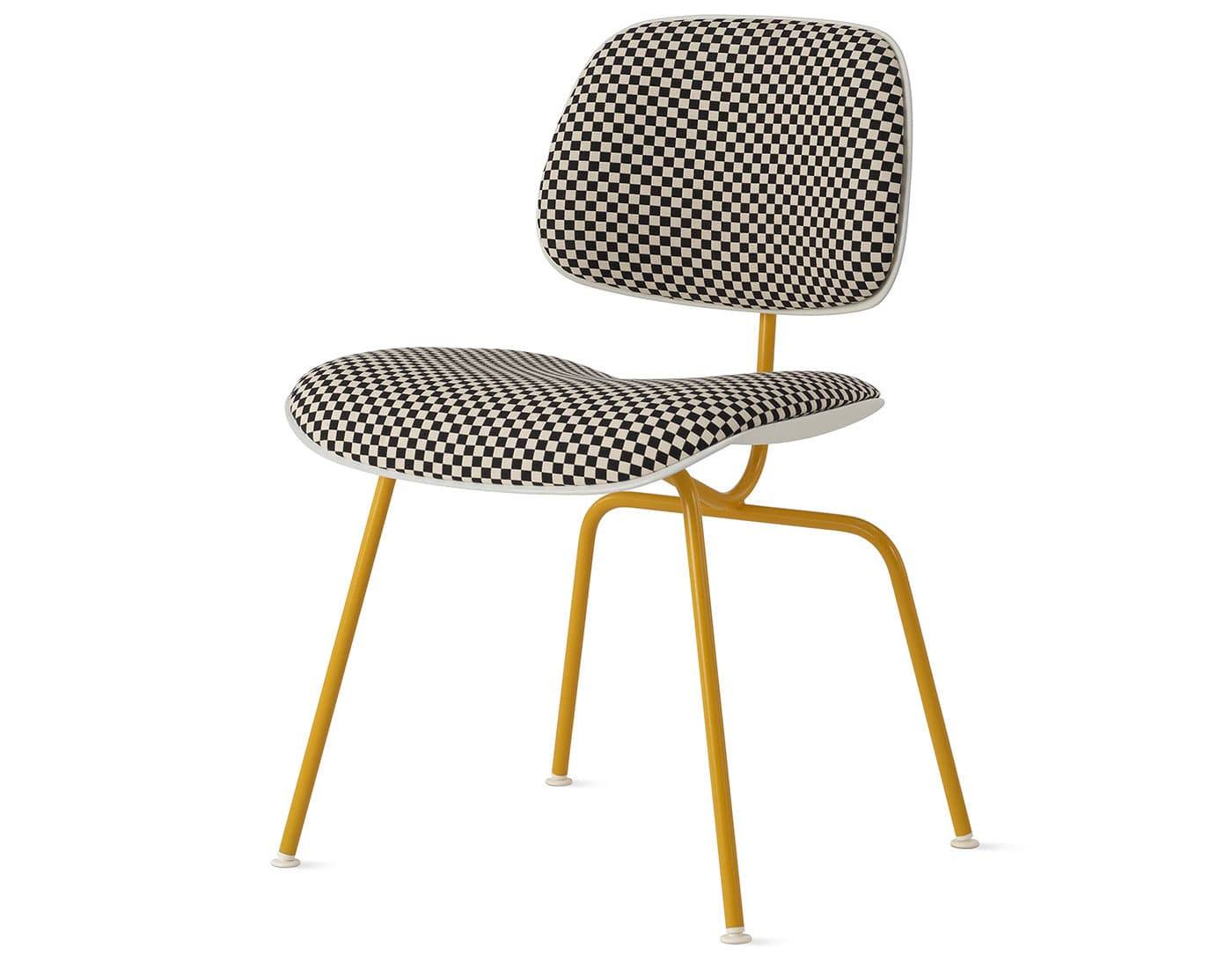 Eames Upholstered Molded Plastic Dining Chair Metal Base EC-127 / marigold base / white seat & back / checker, black/white upholstery