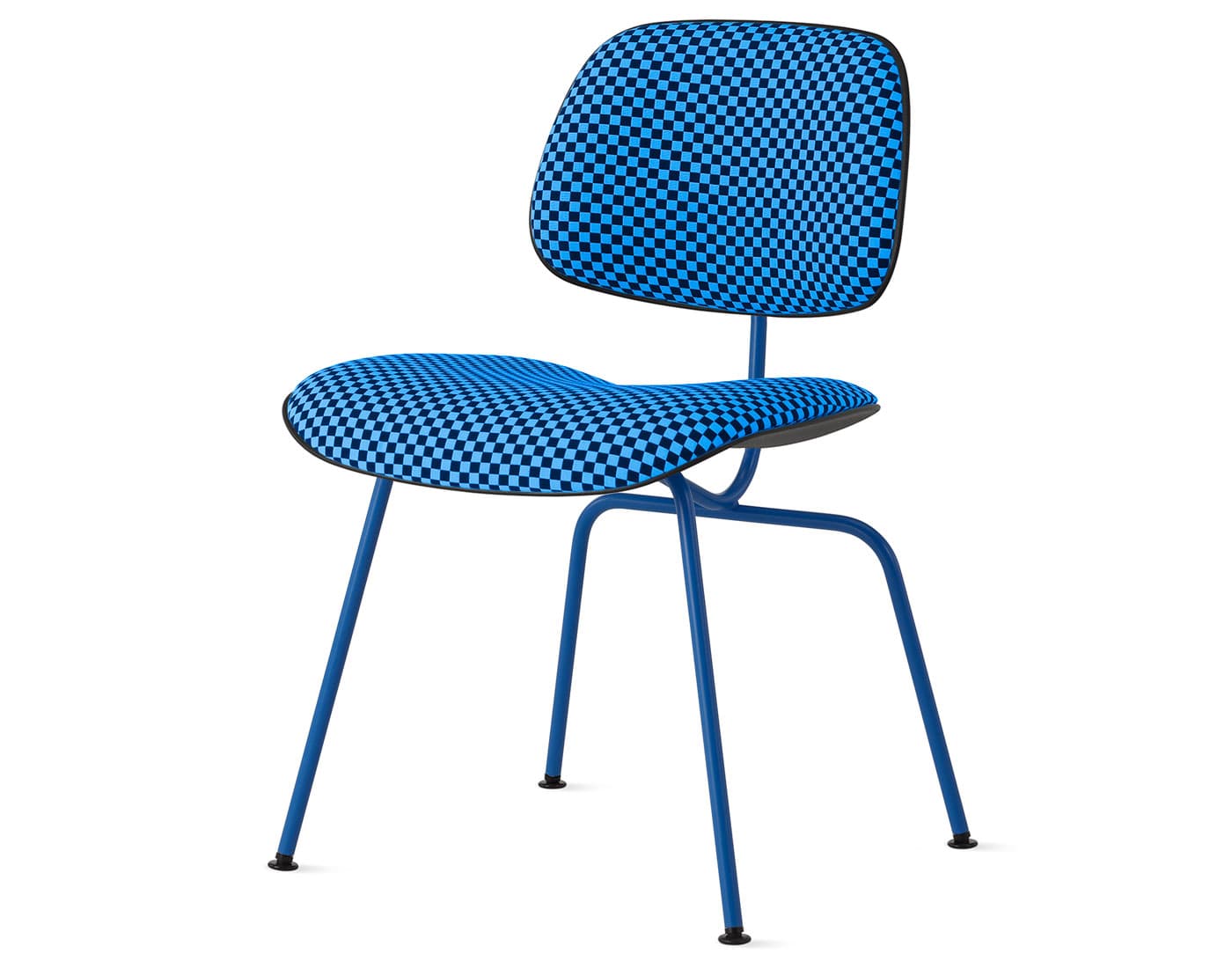 Eames Upholstered Molded Plastic Dining Chair Metal Base EC-127 /  berry blue base / black seat & back / checker, ultramarine/turquoise upholstery