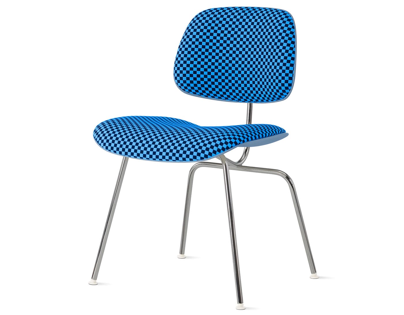 Eames Upholstered Molded Plastic Dining Chair Metal Base EC-127 / trivalent chrome base / pale blue seat & back / checker, ultramarine/turquoise upholstery