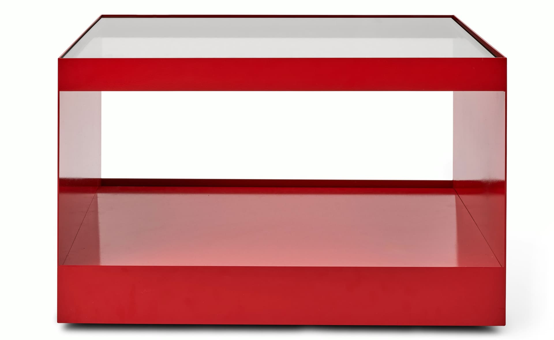 D'Urso Occasional Table / 27" square, 16" height - clear glass / crimson base