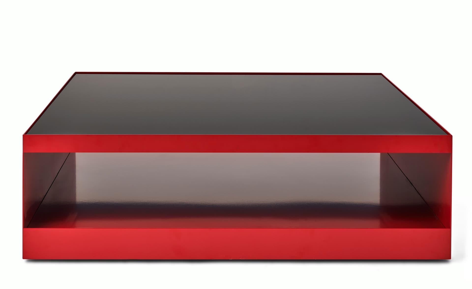 D'Urso Occasional Table / 48" square, 14.5" height - black painted glass / crimson base