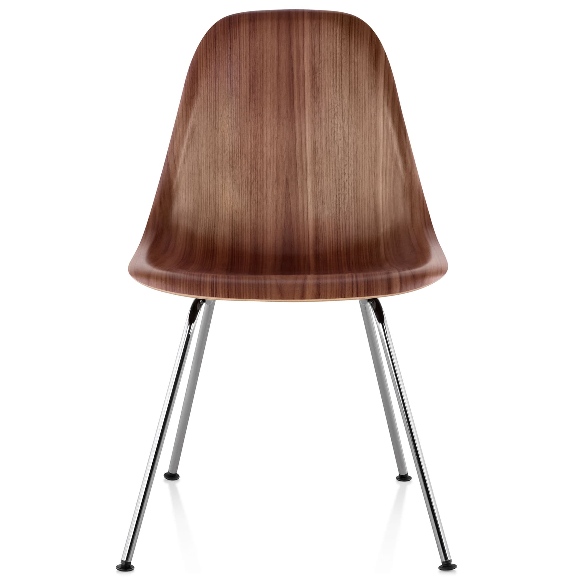 eames molded wood side chair with 4 leg base / standard glides  / walnut  / trivalent chrome