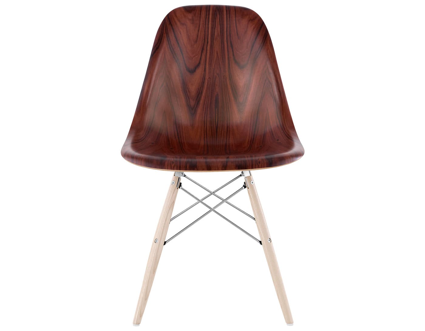 eames molded wood side chair with dowel base / standard glides with felt bottom  / santos palisander  / trivalent chrome  / white ash with white glides