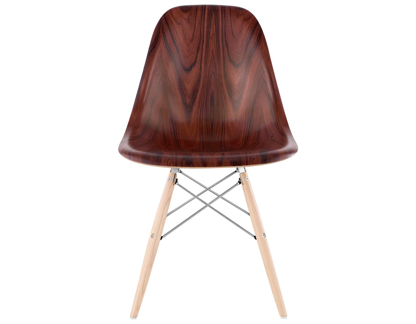 eames molded wood side chair with dowel base / standard glides with felt bottom  / santos palisander  / trivalent chrome  / white oak with white glides