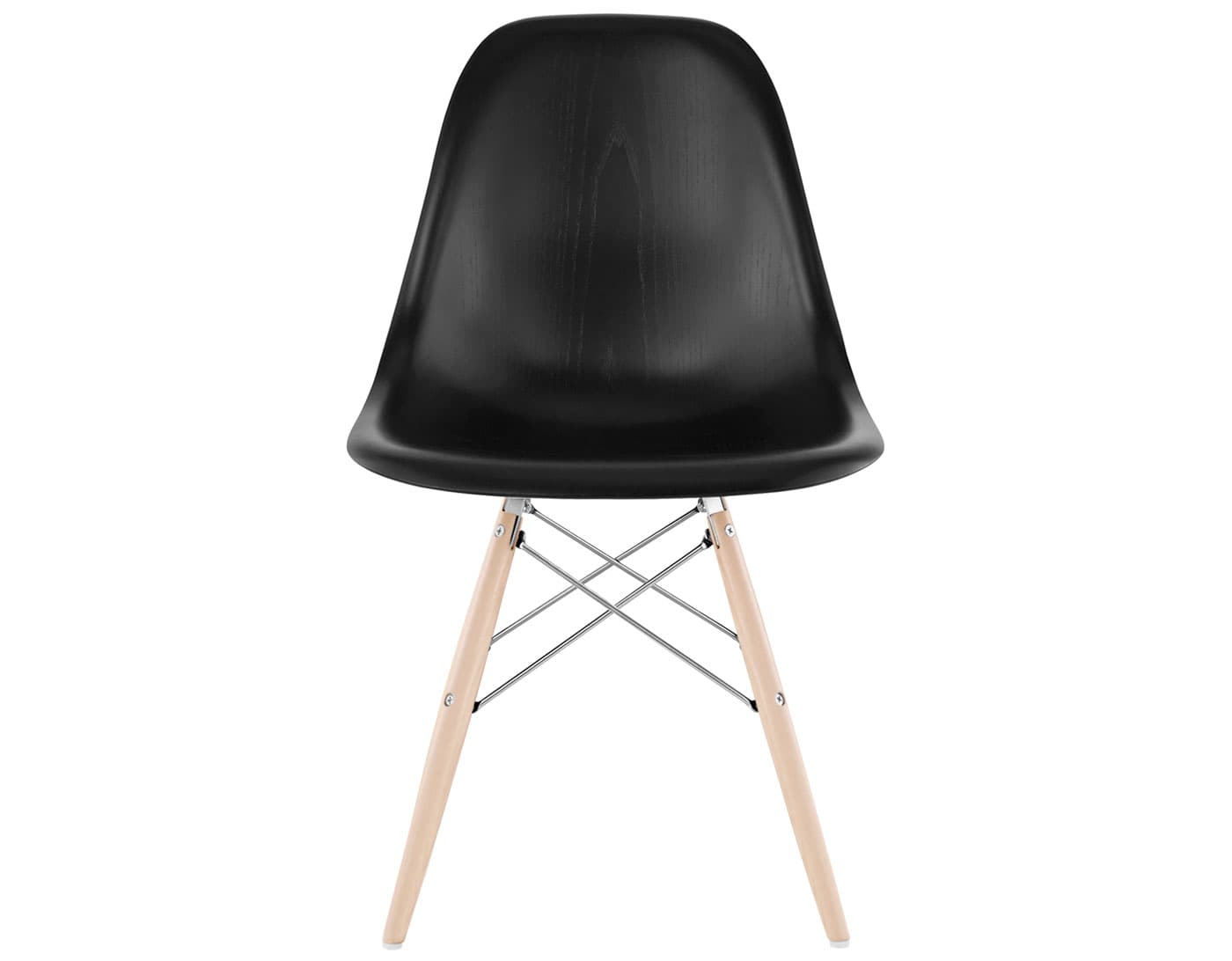 eames molded wood side chair with dowel base / standard glides with felt bottom  / ebony  / trivalent chrome  / maple with white glides
