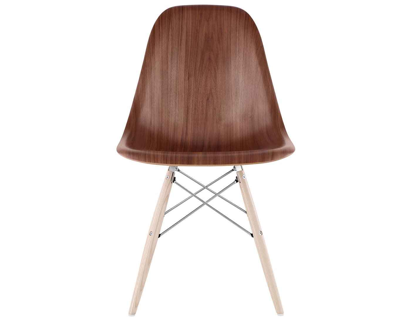 eames molded wood side chair with dowel base / standard glides with felt bottom  / walnut  / trivalent chrome  / white ash with white glides