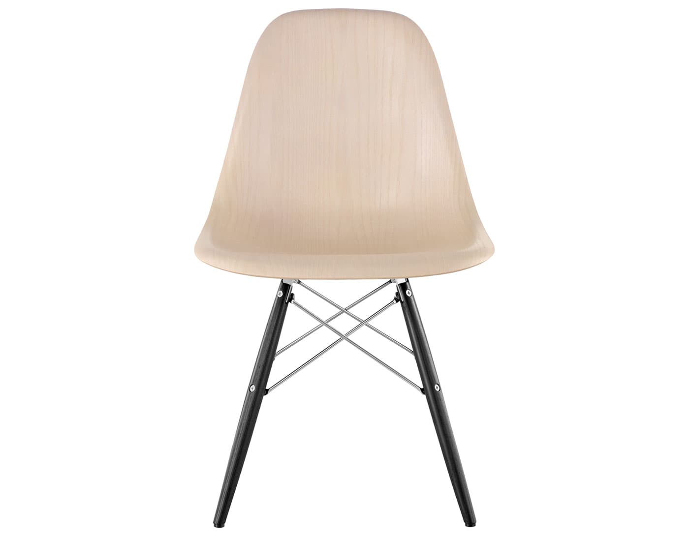 eames molded wood side chair with dowel base / standard glides with felt bottom  / white ash  / trivalent chrome  / ebony with black glides