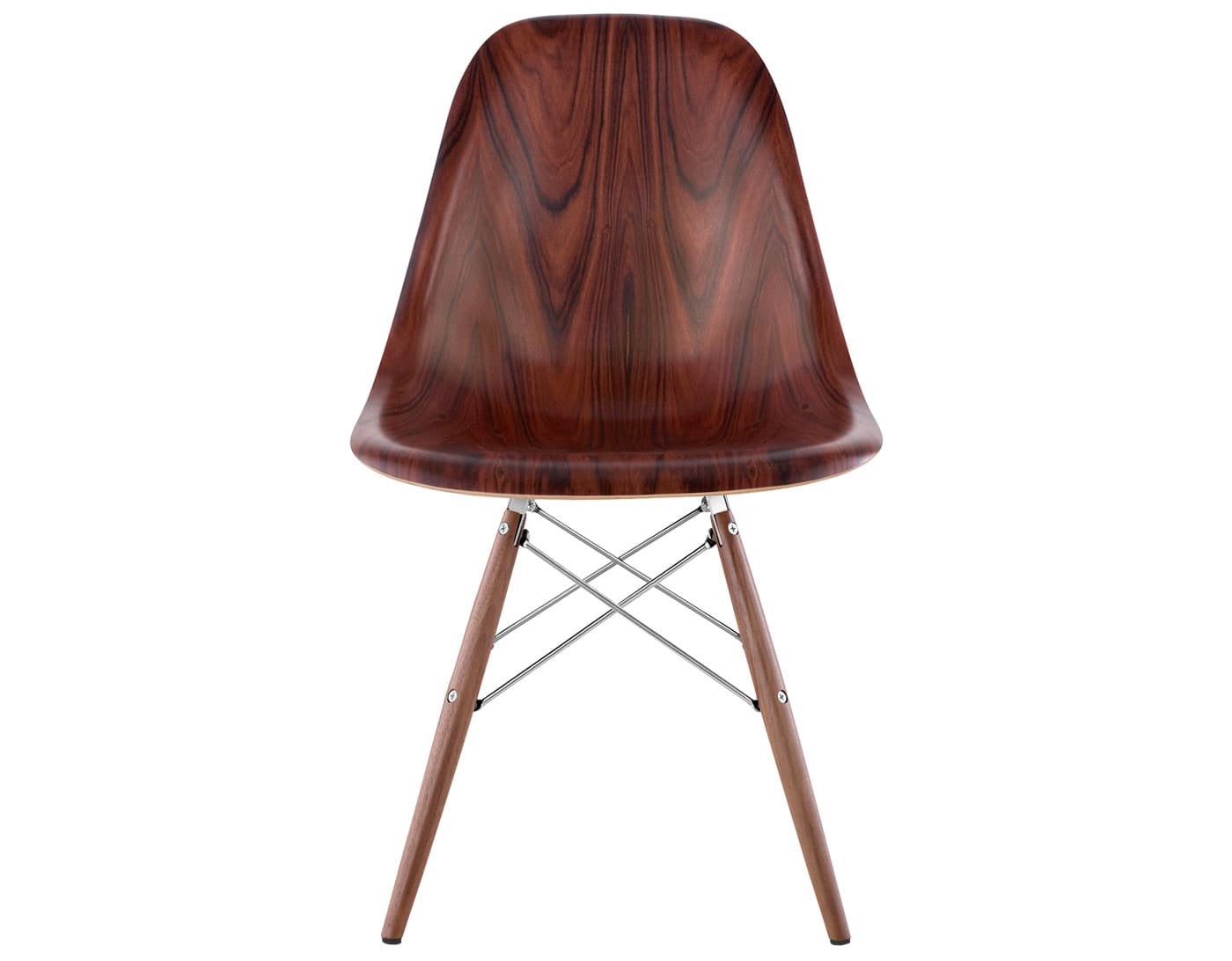 eames molded wood side chair with dowel base / standard glides  / santos palisander  / trivalent chrome  / walnut with black glides
