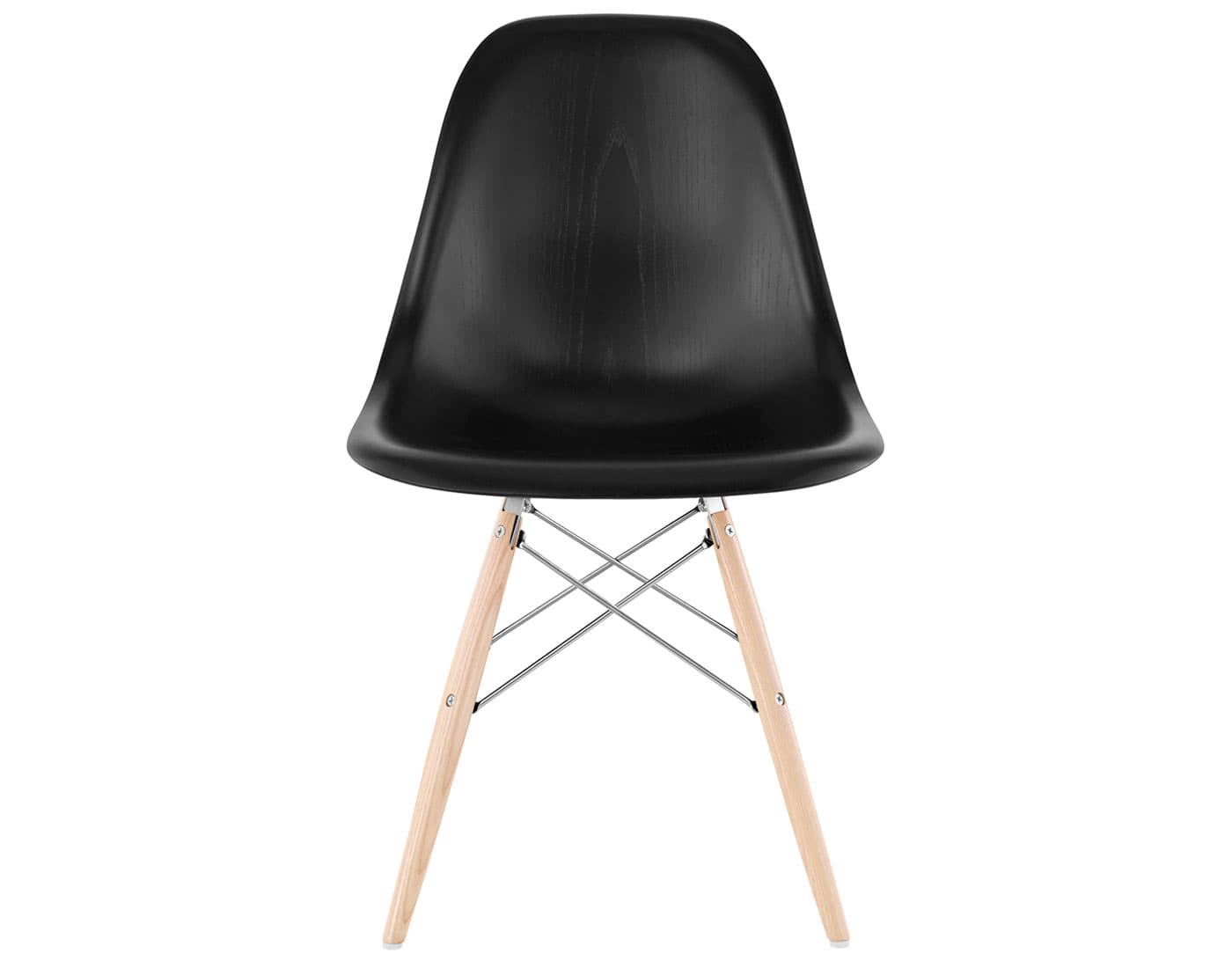 eames molded wood side chair with dowel base / standard glides  / ebony  / trivalent chrome  / white oak with white glides