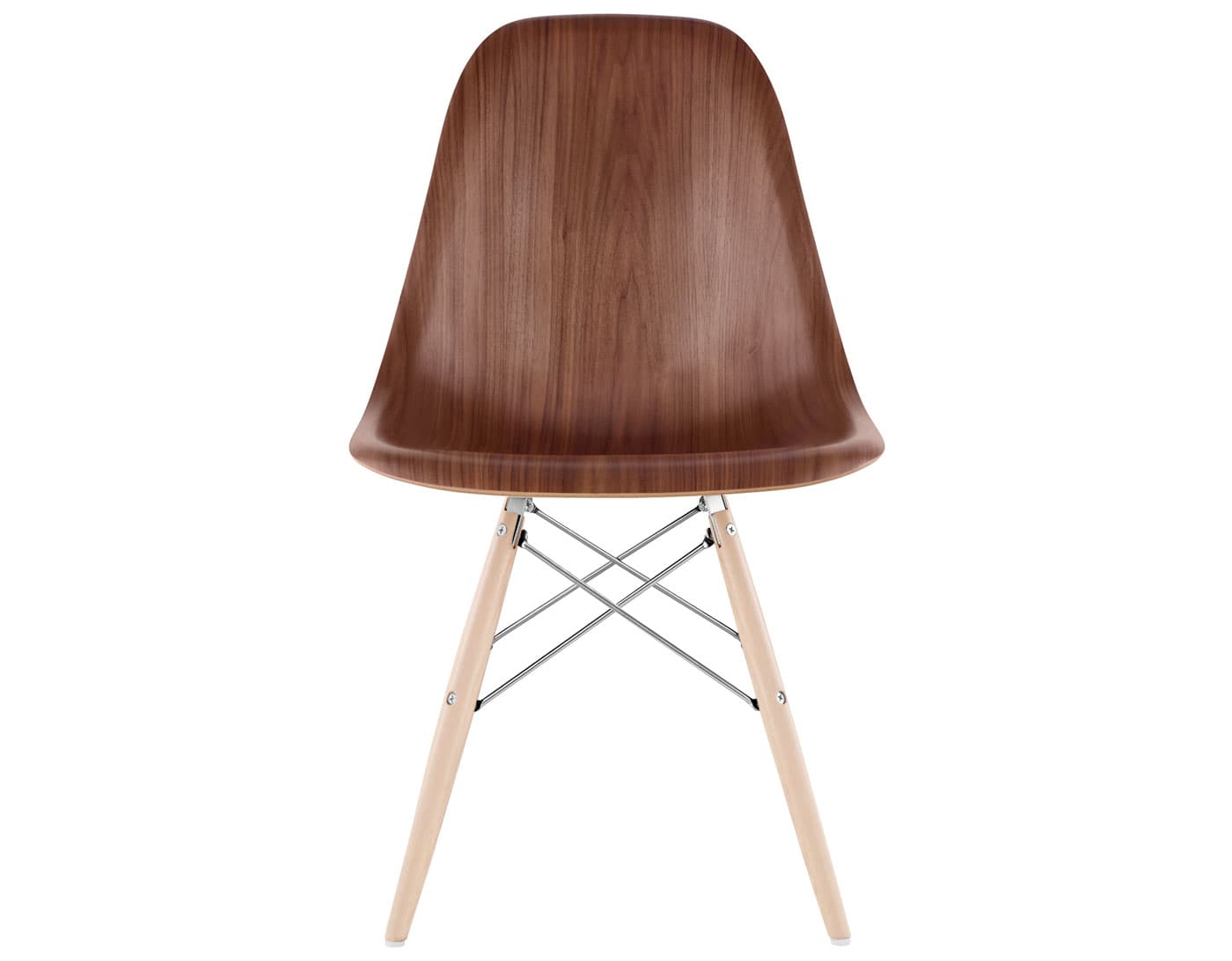 eames molded wood side chair with dowel base / standard glides  / walnut  / trivalent chrome  / maple with white glides