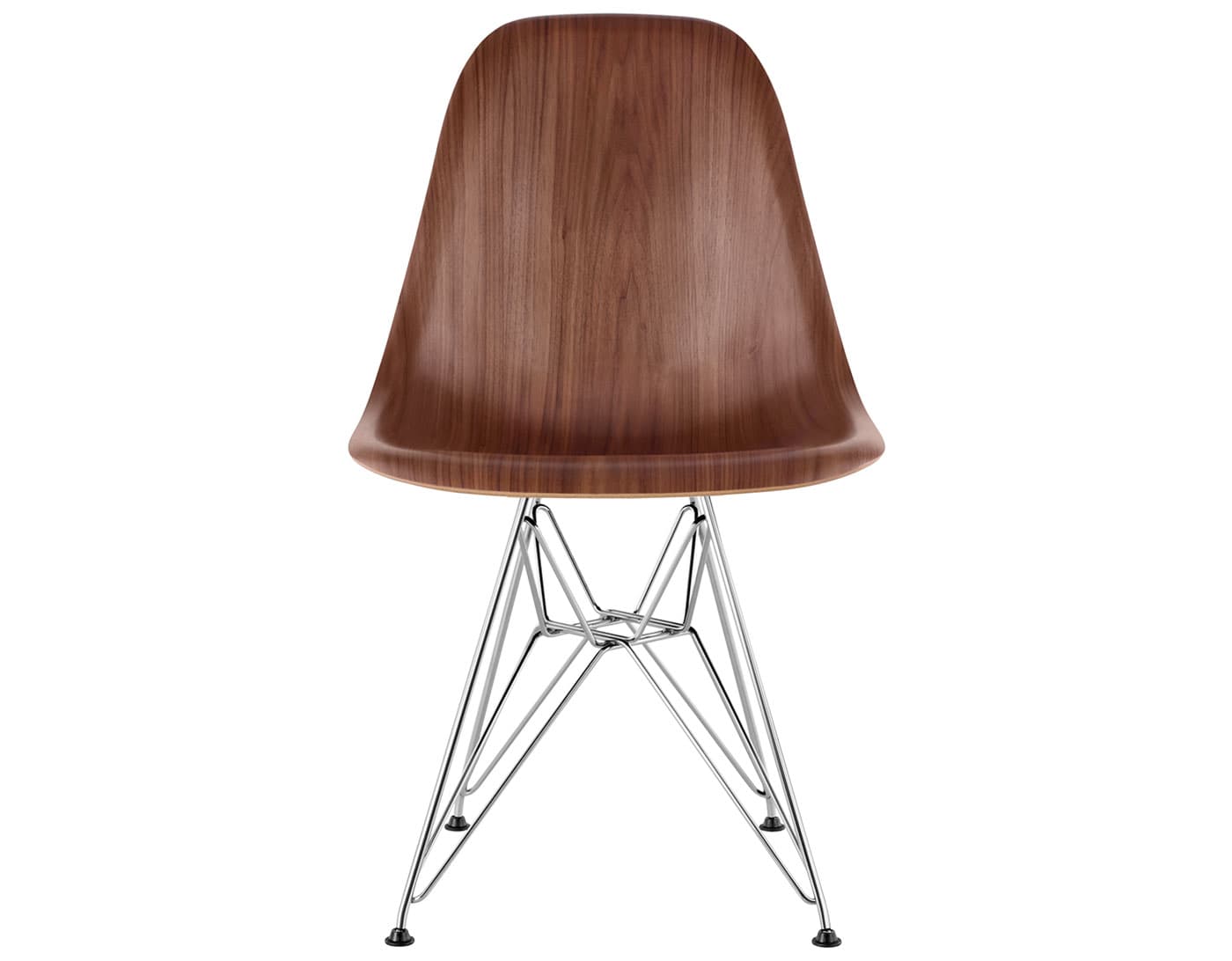 eames molded wood side chair with wire base / standard glides with felt bottom  / walnut  / trivalent chrome