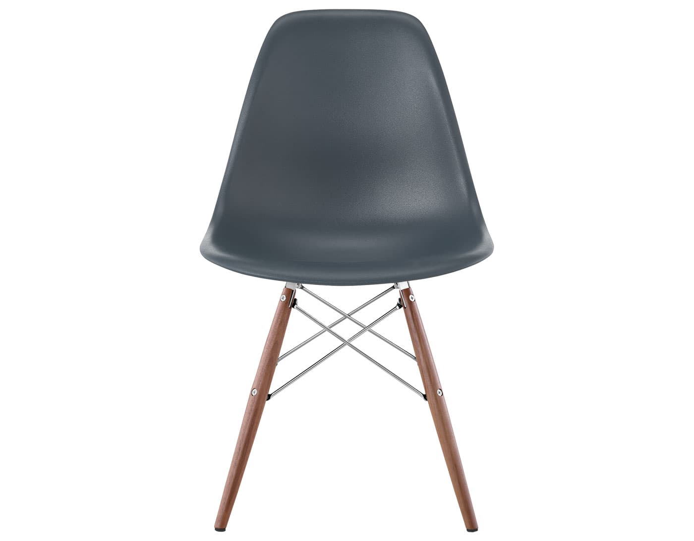 eames molded plastic side chair with dowel base / standard glides with felt bottom  / 100% recycled plastic - medium grey  / walnut with black glides  / trivalent chrome