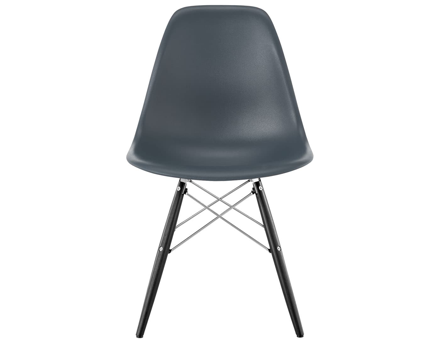 eames molded plastic side chair with dowel base / standard glides with felt bottom  / 100% recycled plastic - medium grey  / ebony with black glides  / trivalent chrome