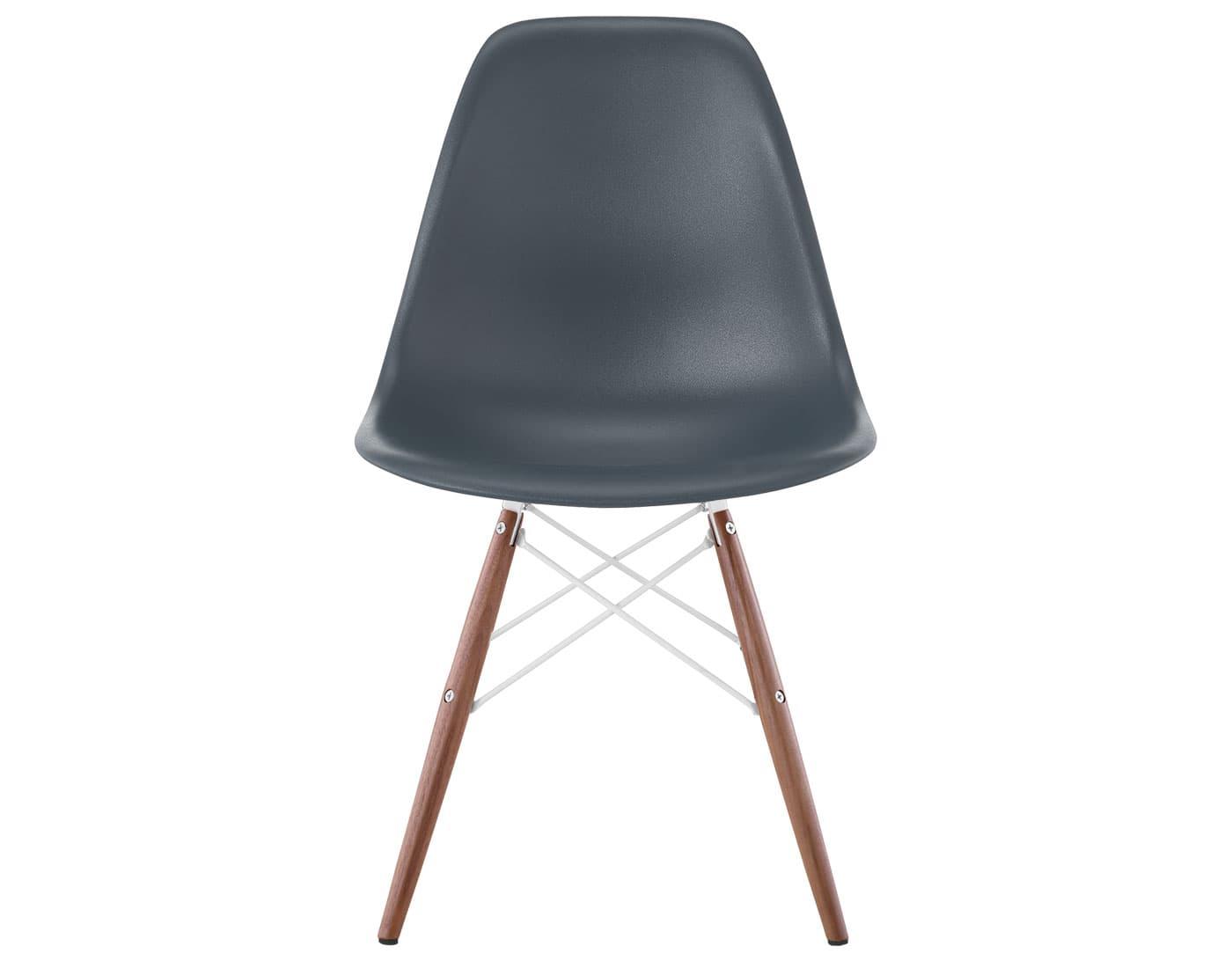 eames molded plastic side chair with dowel base / standard glides with felt bottom  / 100% recycled plastic - medium grey  / walnut with black glides  / white