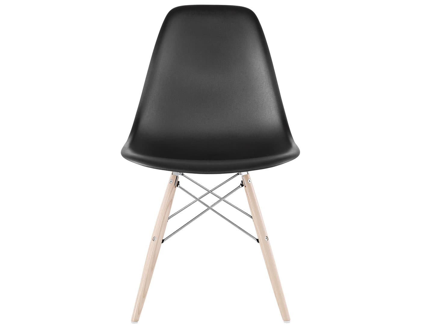 eames molded plastic side chair with dowel base / standard glides with felt bottom  / 100% recycled plastic - black  / white ash with white glides  / trivalent chrome
