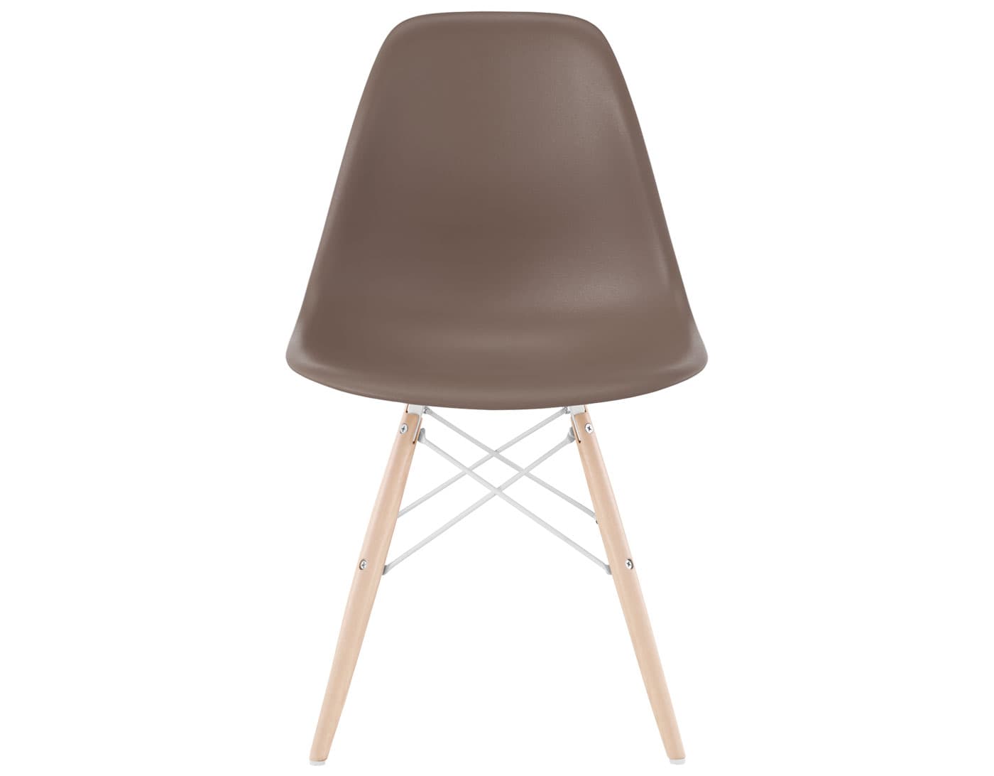 eames molded plastic side chair with dowel base / standard glides with felt bottom  / 100% recycled plastic - cocoa  / maple with white glides  / white